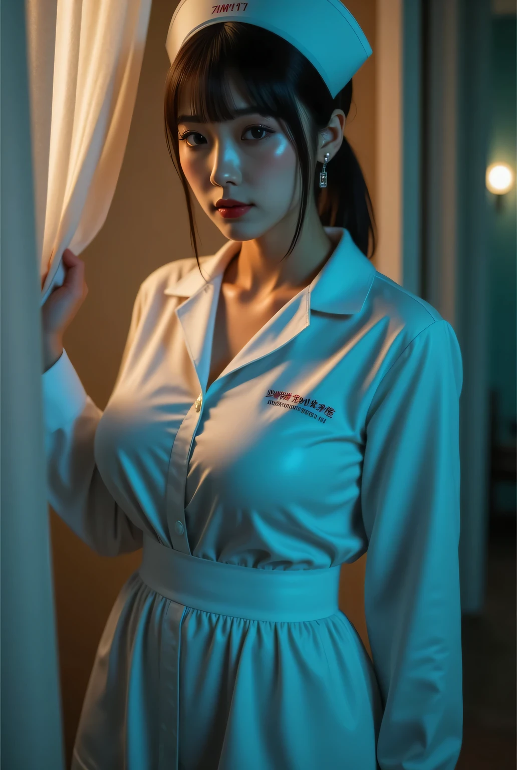 highest quality, photo realistic, high resolution, masterpiece,
super beautiful Japanese mature woman, 50years old, looks like a intimidating dominatrix, condescending gaze, charm with gaze, staring at the viewer, big breasts, glossy skin, oily skin, eye makeup, long false eyelashes, eyeliners, mascara, lip makeup, short ponytail,
tight-fitting one-piece nurse uniform, wearing colored tights, even in a tight-fitting nurse uniform breasts are big,
in a dimly lit hospital bedroom late at night, opening the curtains of the hospital room and entering, moment the curtains are opened, easy-to-see color lighting, colorful to keep