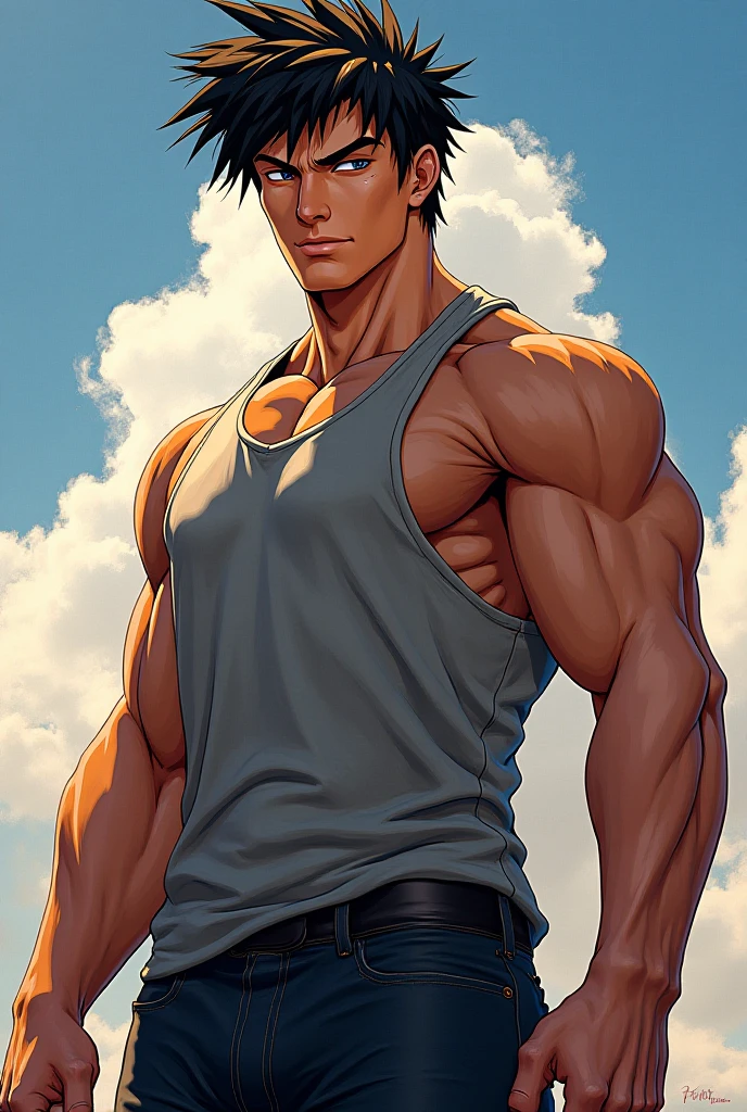 shirtless, super muscular, dripping with sweat, 22-year old short black hair handsome caucasian male wearing tattered short jeans and sneakers, running, shirtless in the highway