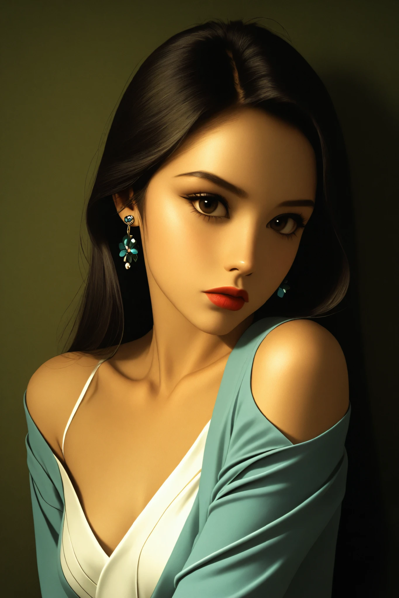 1woman, portrait, realistic, bare shoulders, sidelighting, wallpaper, nsfw, skirt,