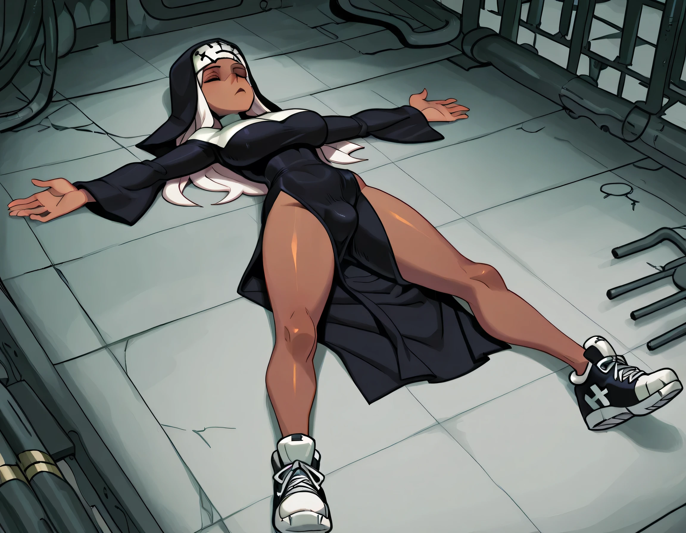 masterpiece, 4k, details, extreme details, high resolution , skullgirl art style , 1 woman , brown skin , white long hair , nun costume , large breasts , leg slit dress , bulge , be unconscious , laying on floor , spread arms , spread legs , stretch legs , long legs , sneakers , full body , abandoned factory