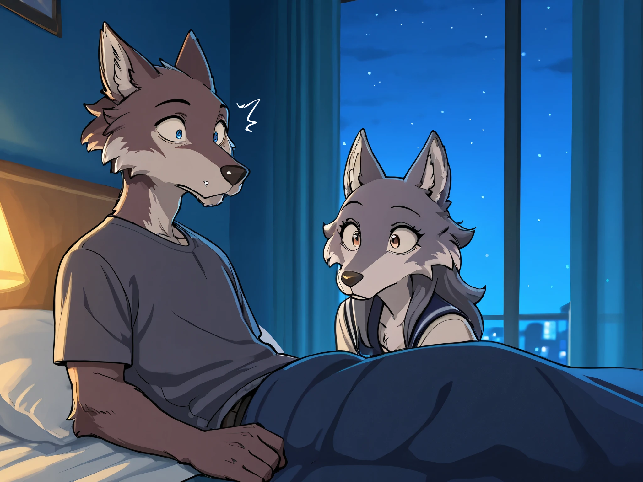 night room, boy and girl , Anthropomorphic wolf boy, grey fur, Anthropomorphic wolf girl, brown fur, thin, Surprise