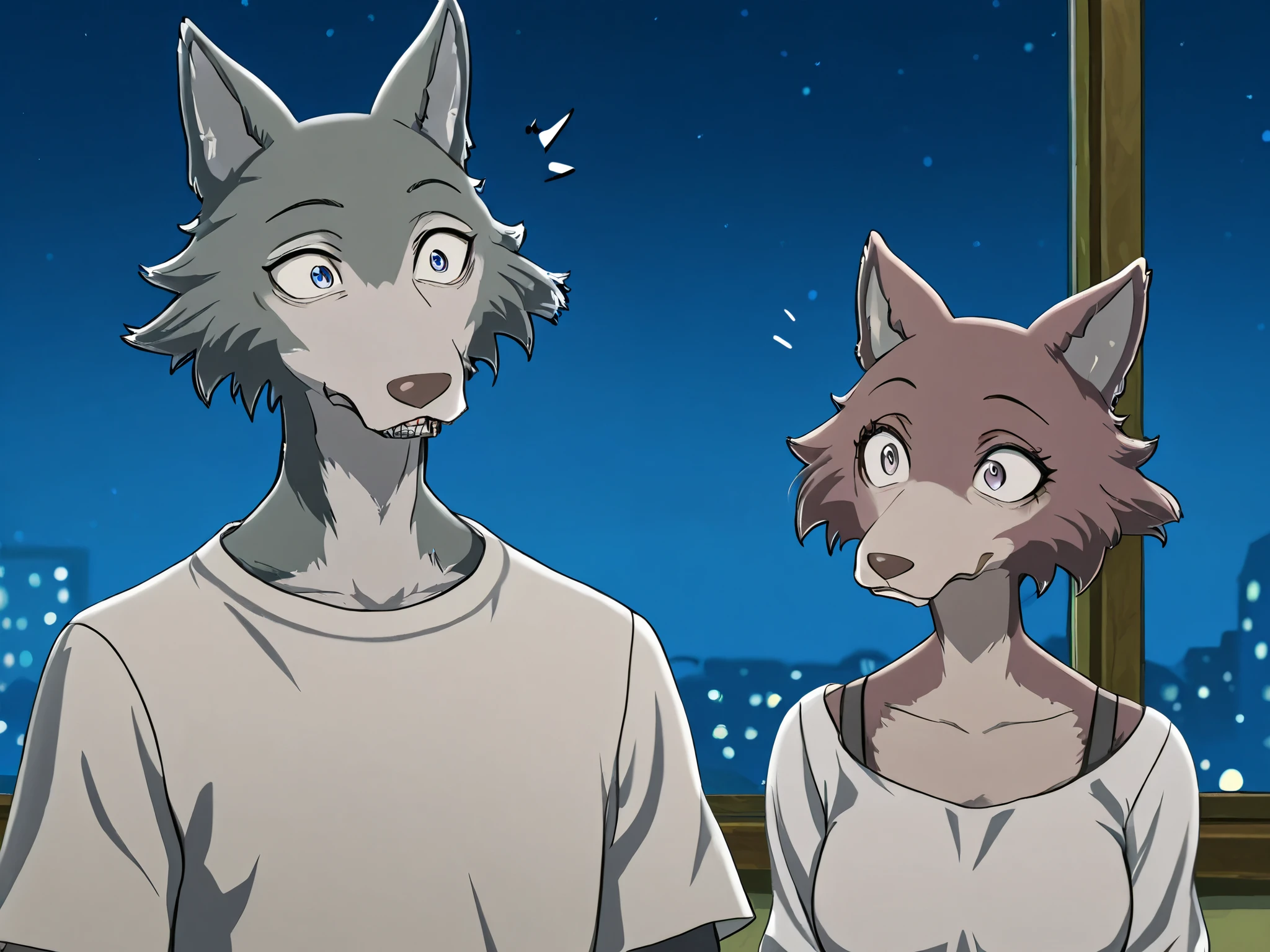 night room, boy and girl , Anthropomorphic wolf boy, grey fur, Anthropomorphic wolf girl, brown fur, thin, Surprise