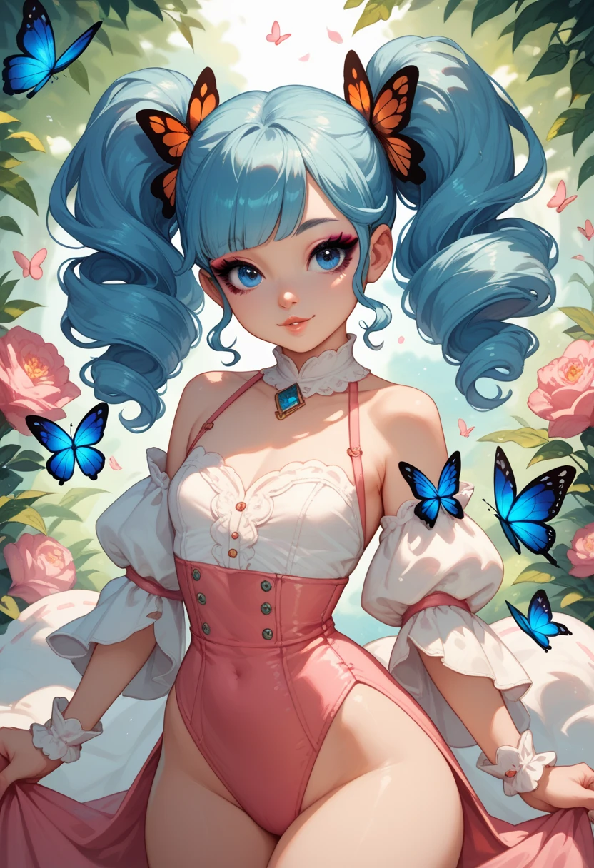 (Highest picture quality), (Master's work), (Detailed eye description), (8K wallpaper),
beautiful girl,(cat ears:1.2),(pink hair), (short hair:1.17),bowtie on neck, (low twintails,  short twintails:1.13),blunt bangs, blue eyes,
(1980s), (Detailed face description),
(white background:1.4),(mid shot:0.95),(full body:1.25),Dynamic angle,[Bottle bottom],
the 2D anime girl sits on a giant toadstool, surrounded by giant mushrooms and colorful butterflies.no shoes,(wet) clothes,(wet) thighhighs, she explores the strange and wondrous garden. (blush),the color of candyfloss, adorned with a pair of oversized bows.and a butterfly in the other hand. The atmosphere is whimsical and playful, it's clear that she is in her element and enjoying the moment of the fantastical garden.((Starry sky adorns beautiful detailed colorful ink splash dress)),(((colorful))),(multicolored:1.3),(blue),(purple),(yellow),(cyan),black,(green),(((colorful))),