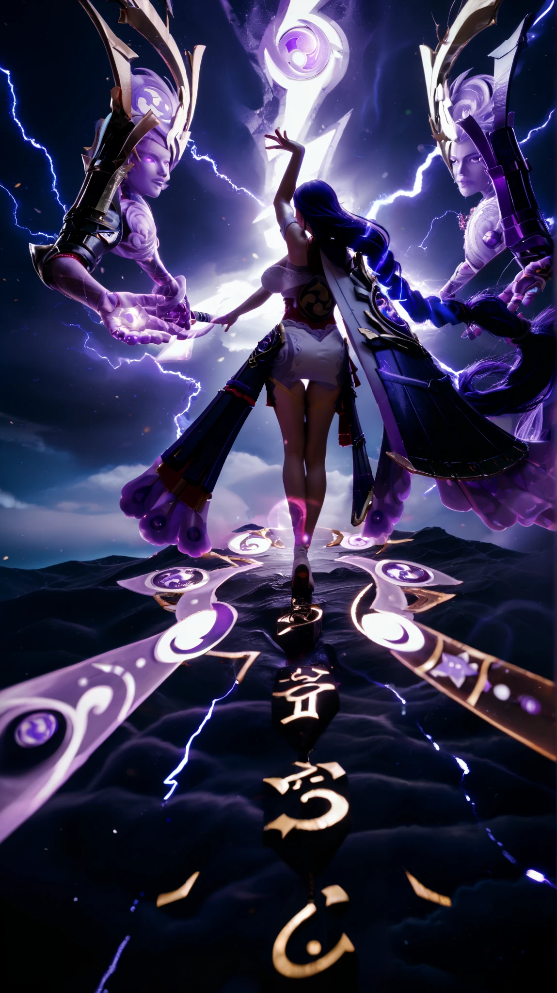 Raiden Shogun from Genshin Impact standing in a commanding pose, surrounded by massive, glowing ethereal hands emerging from her back. The spectral hands are adorned with intricate, arcane symbols, radiating purple energy and lightning. Each hand is positioned with powerful intent, reaching out as if manipulating the forces around her. Raiden holds her electrifying katana, which pulses with violet lightning, perfectly complementing the energy of the floating hands. Her armor is detailed with gold accents and symbols of authority, flowing as her cape flutters with energy. The entire scene is infused with crackling lightning effects, creating a surreal, high-energy atmosphere. Hyper-detailed anime style, cinematic lighting, ultra-realistic rendering, dynamic perspective, volumetric lighting, intricate textures, symmetrical composition, bokeh effect, 85mm lens, f/1.8 aperture --ar 16:9 --v 6 --style raw --q 2 --s 750