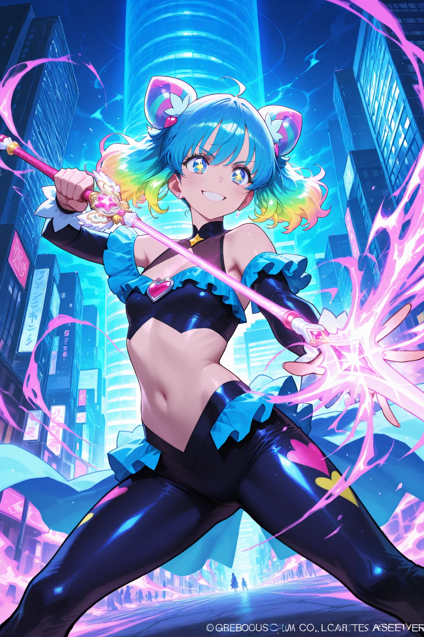 Action scenes,battle,Anime Screenshots、 Artistic anime illustration of a woman adorned with glowing neon magic tattoos all over her body and face。 The tattoos on his arms and legs are a mix of pink, blue and white runes.、It emits a neon light。 She has long, flowing hair.、、 This scene has a dreamy soft focus effect.、 It emphasizes the dreamy glow of the tattoo.、front,Slashing,neon,fighting,sppining