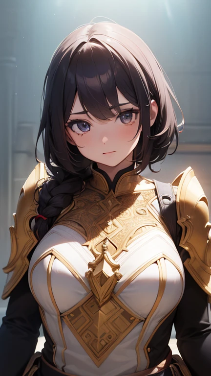 Illustration of a story about a beautiful 18-year-old girl wearing a leather corset armor, zoom up, inside a museum, symmetrical face, detailed hands, soft lighting, teasing, realistic, half-body shot, Steins;gate, mystery, detailed, from Valerian and the City of a Thousand Planets, digital art, trending on artstation, smooth, sharp focus