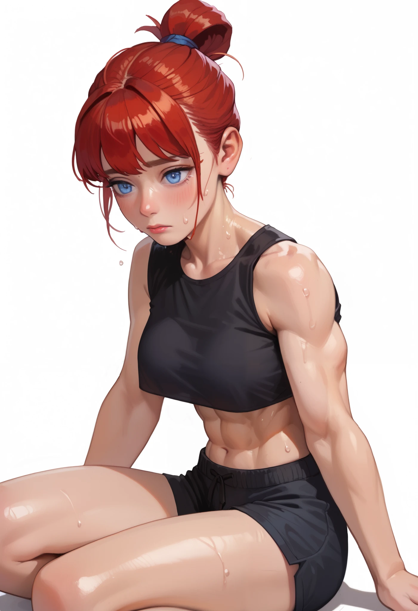((Perfect Anatomy:1.2,Realistic,:1.3,Raw photo:1.3,masterpiece、highest quality、Ultra - High resolution、High resolution、Extremely detailed CG、8k)),Browsing Caution,Cowboy Shot,1 female,alone,20-year-old,The Beauty of Japan,Beautiful and exquisite face and eyes,Big and beautiful eyes,Grey Eyes,(Redhead,Short Bob Hair,bangs), (Slender body,Small Head:1.4, skinny、Small breasts), Glowing Skin,Oily skin,Sweat:1.5,(Black tank top,Crop top、belly button、Black panties,Love Juice:1.5,Wet crotch:1.5),squat,((Hands touching the crotch:1.5, Female masturbation))、Spread your legs:1.5,Ancient Capital、Fantasy,Medieval Europe、Natural light、Tanga、