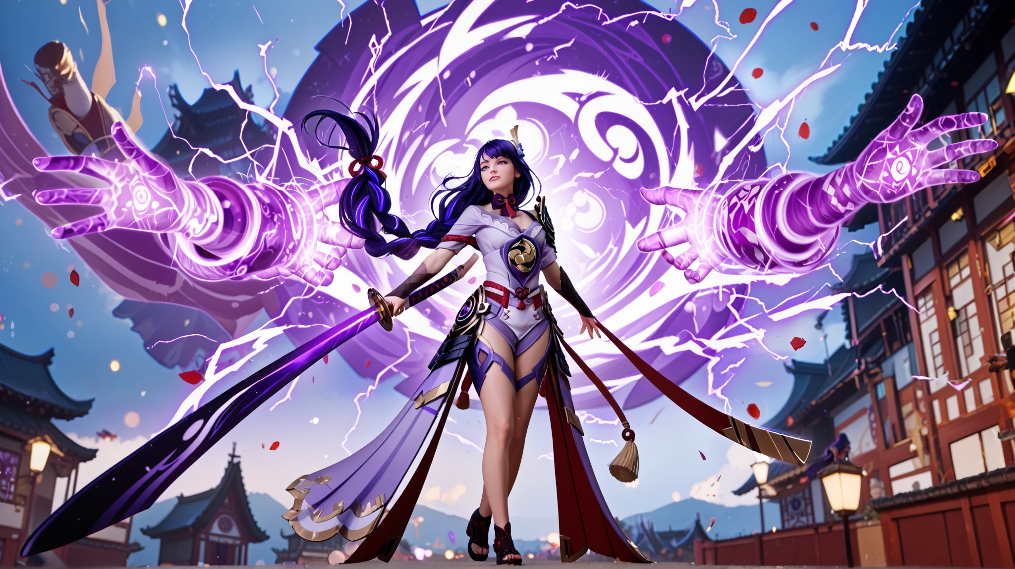 Raiden Shogun from Genshin Impact standing in a commanding pose, surrounded by massive, glowing ethereal hands emerging from her back. The spectral hands are adorned with intricate, arcane symbols, radiating purple energy and lightning. Each hand is positioned with powerful intent, reaching out as if manipulating the forces around her. Raiden holds her electrifying katana, which pulses with violet lightning, perfectly complementing the energy of the floating hands. Her armor is detailed with gold accents and symbols of authority, flowing as her cape flutters with energy. The entire scene is infused with crackling lightning effects, creating a surreal, high-energy atmosphere. Hyper-detailed anime style, cinematic lighting, ultra-realistic rendering, dynamic perspective, volumetric lighting, intricate textures, symmetrical composition, bokeh effect, 85mm lens, f/1.8 aperture --ar 16:9 --v 6 --style raw --q 2 --s 750