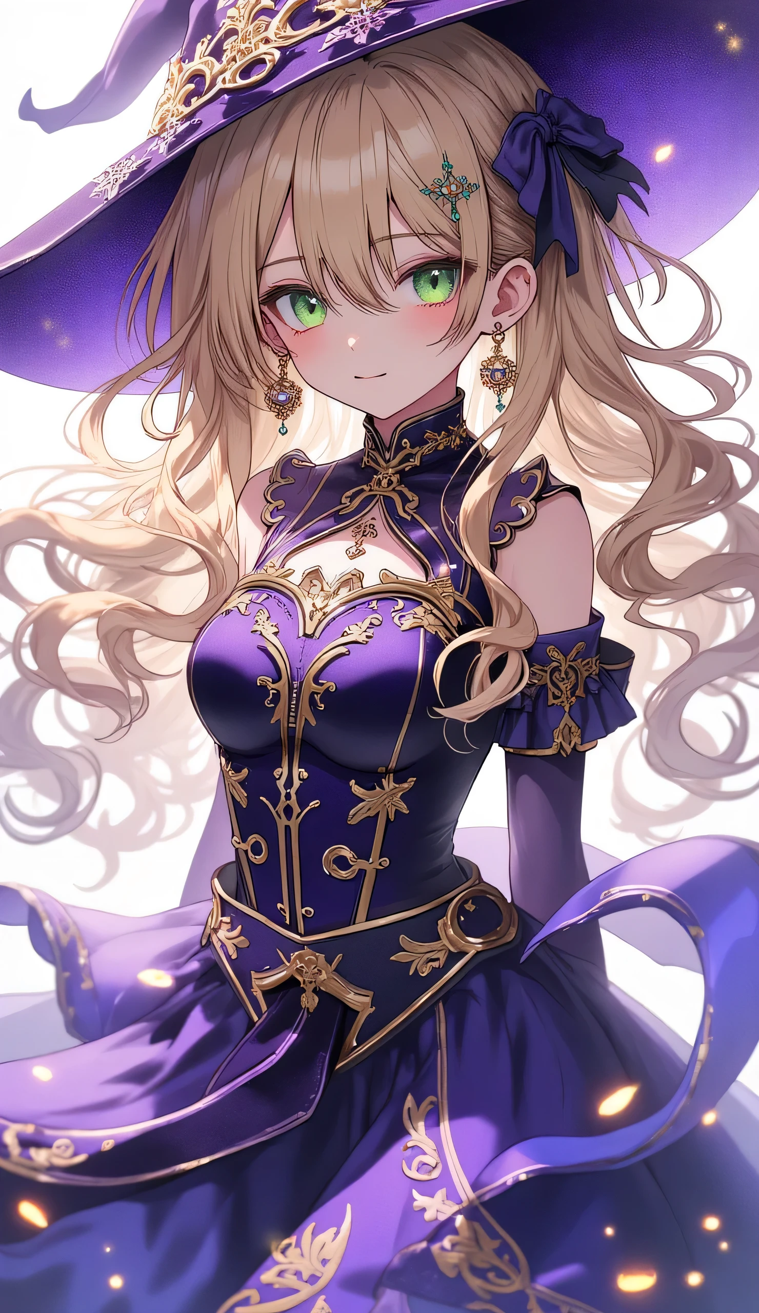 Lisa from Genshin Impact is an elegant girl with wavy light brown hair and emerald eyes. She wears a purple magical dress with gold patterns and a wide-brimmed witch hat. Sparks of electro-magic float around her, creating a mysterious and enchanting atmosphere.