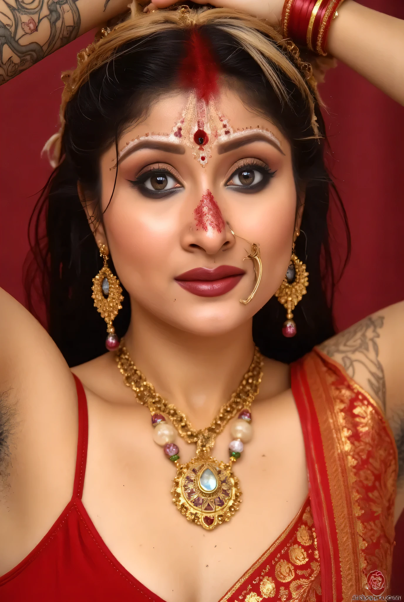 wet skin and hair, hindu tattoo all over her body, huge breasts, dark blond hair, long straight hair,. (red sheer Nightdress, bare lower body, torn, middle chest torn dress, no panties, breasts exposed), 45 Year old Indian Mature lady, plump body, open (perfect body), hands behind her head, armpits exposed, Hair messed up, sweaty skin, , 'OM' necklace, fashion photorealism, high definition sysie details, photography, sharpness, unique 850 4, koda850 k portrait camera, f1.6 lens, rich color, hyper realistic texture, spectacular light texture, surreal art, Cinestil 800 fashion mechanism