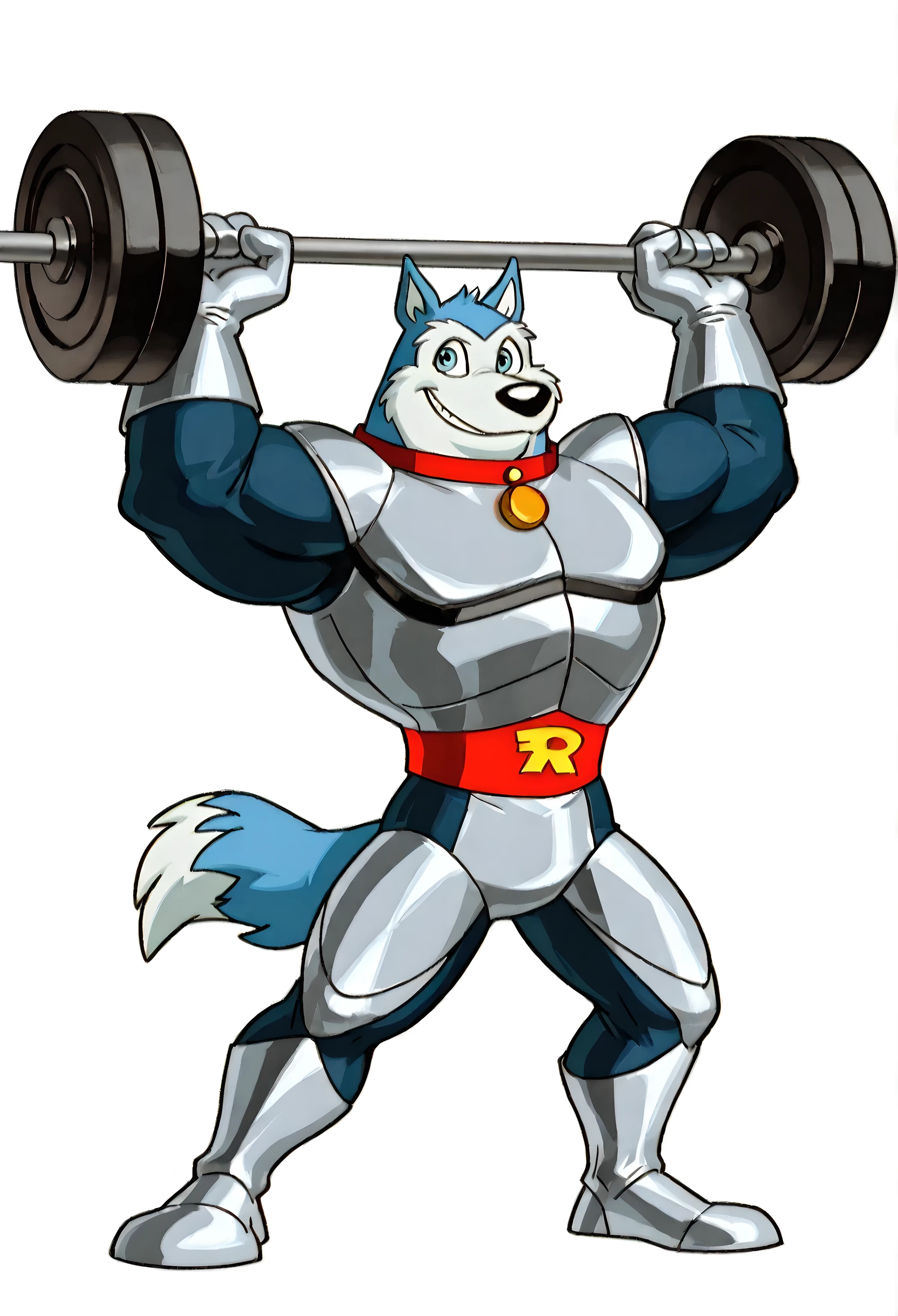 Exile (Road Rovers), high quality, blue fur, white fur, anthro dog, solo, male, full body, red collar, blue eyes, smile, high quality, best resolution, silver uniform, silver gloves, red waist, white background, simple background, holding heavy barbell above head, workout, lifting weights, arms extended, thick arms, wide stance