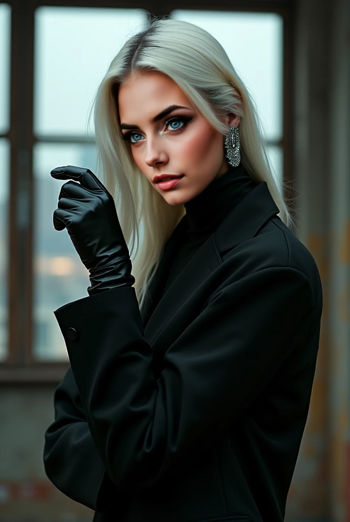 A fierce woman with short white hair and piercing blue eyes sits outdoors, her black gloves gripping a weapon as she stares directly at the viewer. Her lips are slightly parted, revealing a hint of danger as she holds her ground against a blurry background. She wears elegant jewelry and a scarf, adding a touch of sophistication to her otherwise intense appearance.