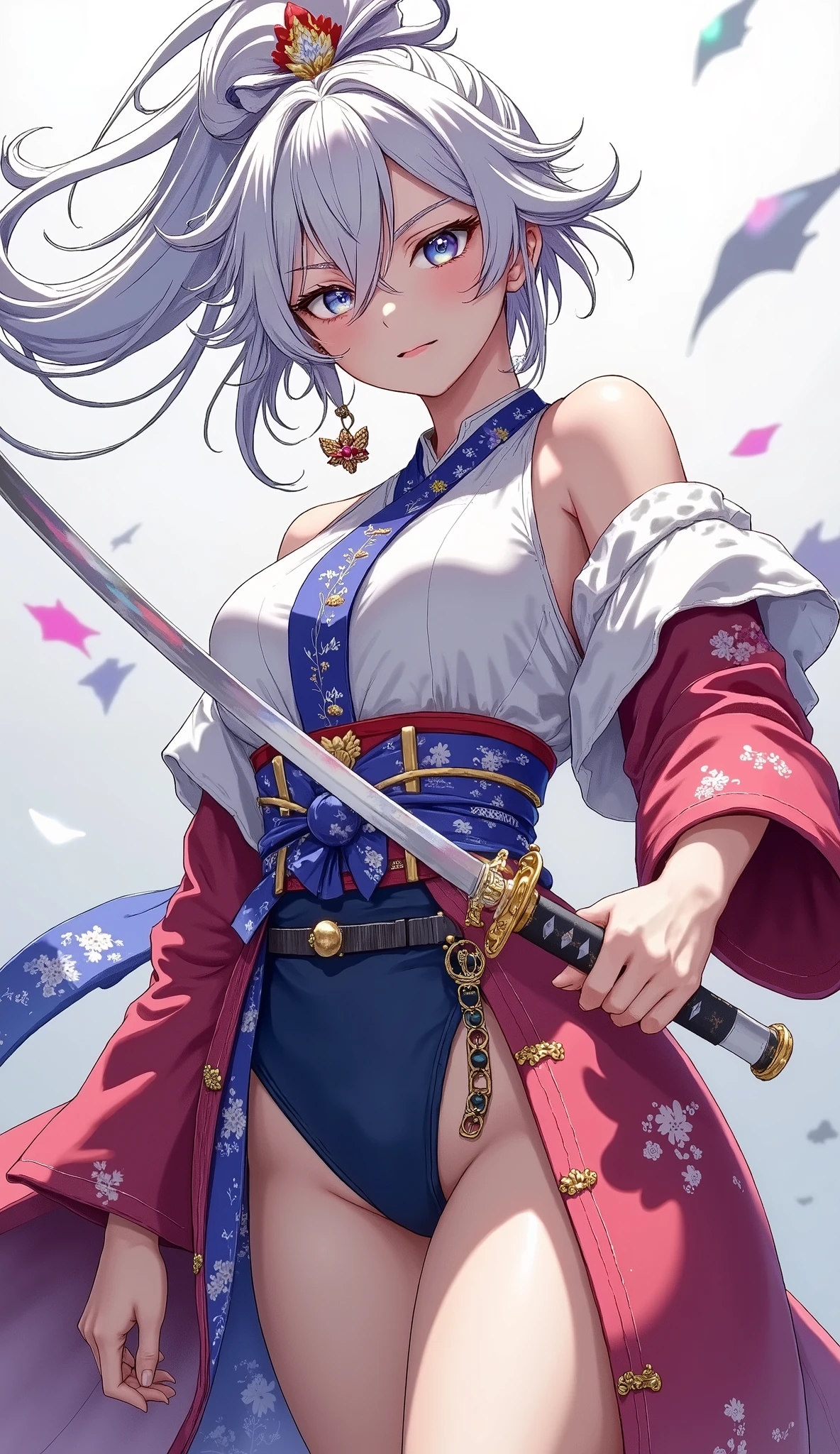 (Japanese style, watercolor), Full body composition, (Dutch angle, from below), ((Vertical slash, slash with katana, is a beautiful maid wearing a Japanese hakama, Character "Atlas"), alone, (slashing with samurai sword, dynamic, Sharp cutting edge, brilliant reflection of the tip), Dynamic pose,
(A thin bleached cotton sash is wrapped around the abdomen, The upper body is naked, Japanese traditional kimono, wears a hakama, Long ankle-length hakama)),
( name : Atlas, gender: woman, age: Age 32, blood type: B-type, Strongest : Maid, Special Skills : Swordsmanship,Standing martial arts, character: she is extremely cruel, She's a cold character, but、is kind hearted, She often has a smile on her face even when she's angry, she turns into a ruthless oni when she gets seriously angry),
slashing with the Japanese long katana, I stare at you with a sharp gaze, and、I'll wave my sword at you, Flying Slash, relentless attack , Express quick swordsship with afterimage and motion blur, Express quick sword skills with perfect and detailed fingertip,