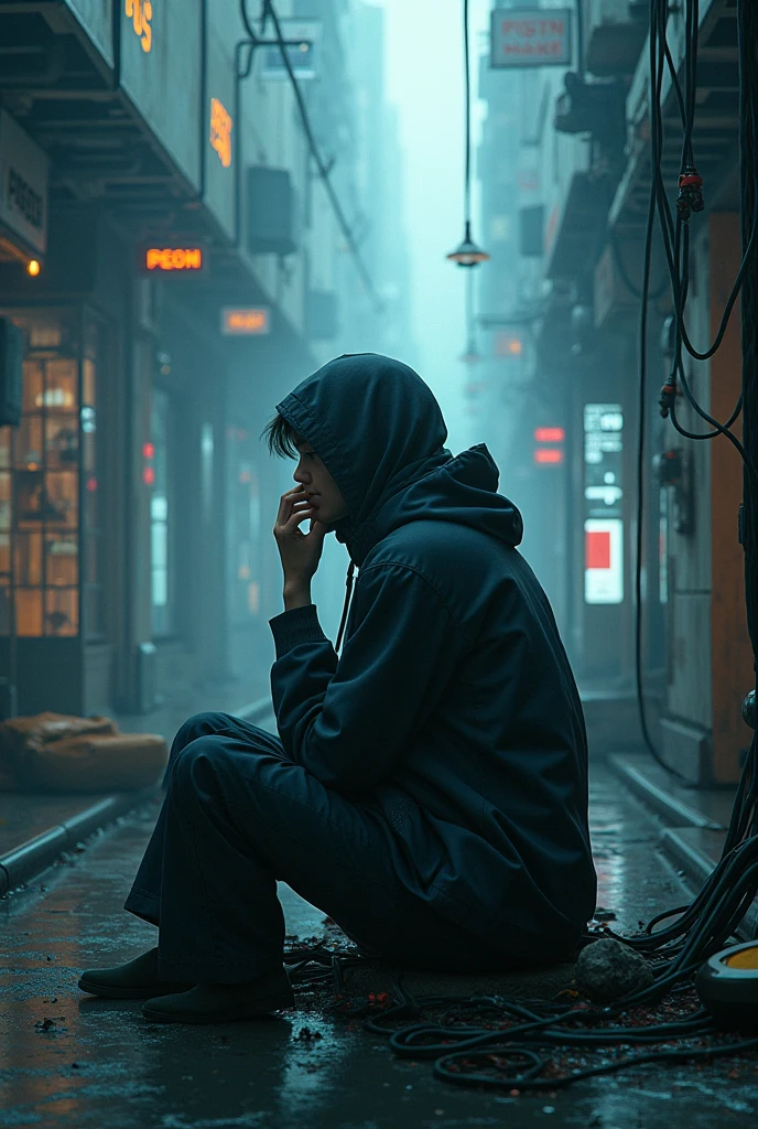 a man leaning on a pillar, head tilted down, wearing a hoodie, full body shot, night, moody atmosphere, cinematic lighting, dramatic shadows, high contrast, muted colors, gritty urban setting, grunge style, realistic details, hyper-realistic, masterpiece, high resolution, 8k