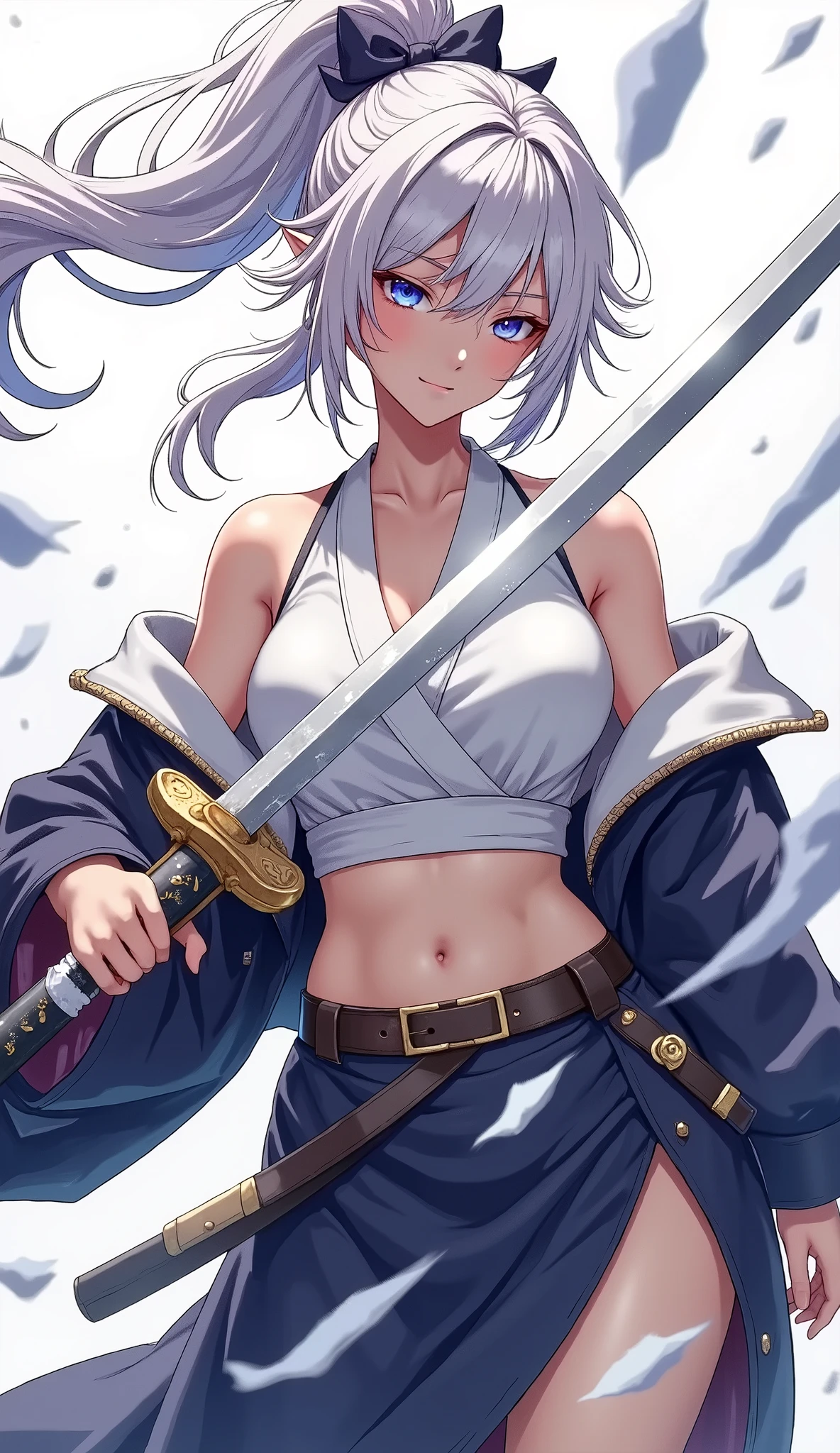 (Japanese style, watercolor), Full body composition, (Dutch angle, from below), ((Vertical slash, slash with katana, is a beautiful maid wearing a Japanese hakama, Character "Atlas"), alone, (slashing with samurai sword, dynamic, Sharp cutting edge, brilliant reflection of the tip), Dynamic pose,
(A thin bleached cotton sash is wrapped around the abdomen, The upper body is naked, Japanese traditional kimono, wears a hakama, Long ankle-length hakama)),
( name : Atlas, gender: woman, age: Age 32, blood type: B-type, Strongest : Maid, Special Skills : Swordsmanship,Standing martial arts, character: she is extremely cruel, She's a cold character, but、is kind hearted, She often has a smile on her face even when she's angry, she turns into a ruthless oni when she gets seriously angry),
slashing with the Japanese long katana, I stare at you with a sharp gaze, and、I'll wave my sword at you, Flying Slash, relentless attack , Express quick swordsship with afterimage and motion blur, Express quick sword skills with perfect and detailed fingertip,