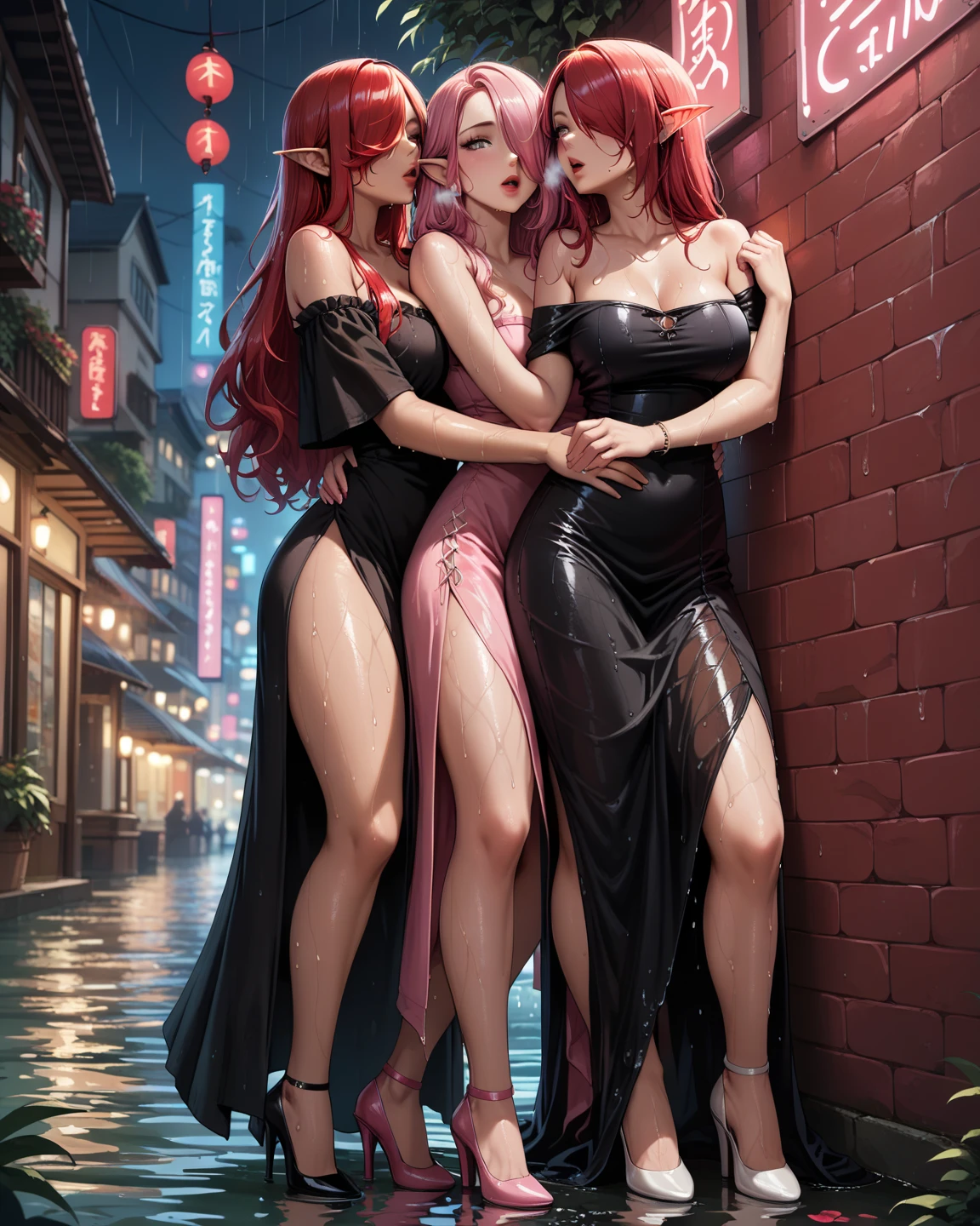 (masterpiece, best quality), best resolution, (2heads:1.5), (Two heads), fix eyes, clear faces, long hair, 1girl, , jewelry, red hair, solo, necklace, long hair, earrings, mole under mouth, red nails, petals, red lips, hair ornament, flower, black flower, pearl necklace, portrait, lipstick, makeup, grey eyes, nail polish,shiny skin, large breasts,caberuel,(mature female:1.16),