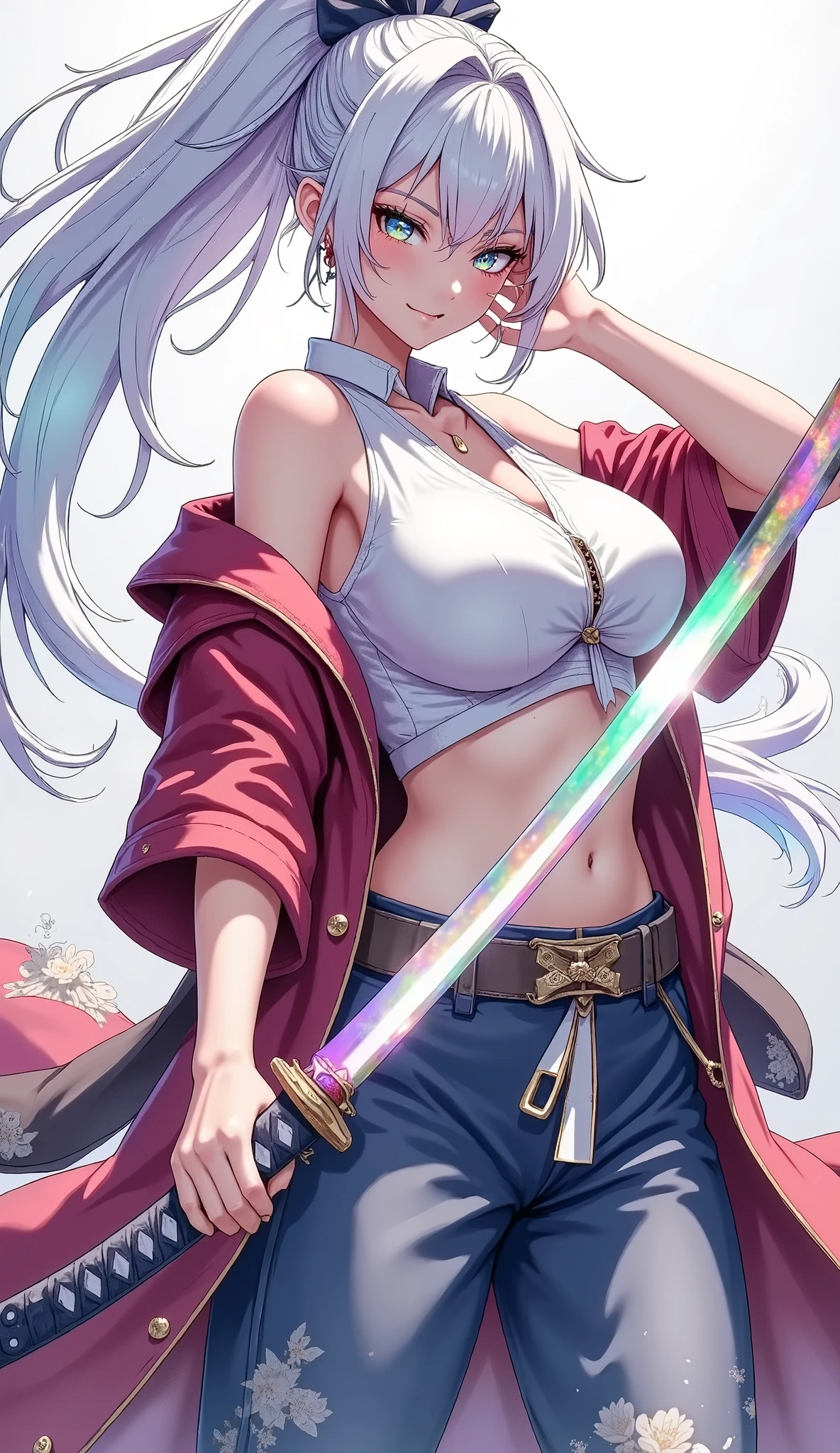 (Japanese style, watercolor), Full body composition, (Dutch angle, from below), ((Vertical slash, slash with katana, is a beautiful maid wearing a Japanese hakama, Character "Atlas"), alone, (slashing with samurai sword, dynamic, Sharp cutting edge, brilliant reflection of the tip), Dynamic pose,
(A thin bleached cotton sash is wrapped around the abdomen, The upper body is naked, Japanese traditional kimono, wears a hakama, Long ankle-length hakama)),
( name : Atlas, gender: woman, age: Age 32, blood type: B-type, Strongest : Maid, Special Skills : Swordsmanship,Standing martial arts, character: she is extremely cruel, She's a cold character, but、is kind hearted, She often has a smile on her face even when she's angry, she turns into a ruthless oni when she gets seriously angry),
slashing with the Japanese long katana, I stare at you with a sharp gaze,