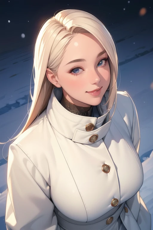 (masterpiece), (best quality), 1girl, (perfect face:1.2), (beautiful face:1.2), platinum blonde hair, (from above, upper body:1.3), happy, light smile, looking at viewer, pose,
winter coat, outdoors, winter, snow, night time, intricate, depth of field, cinematic lighting,