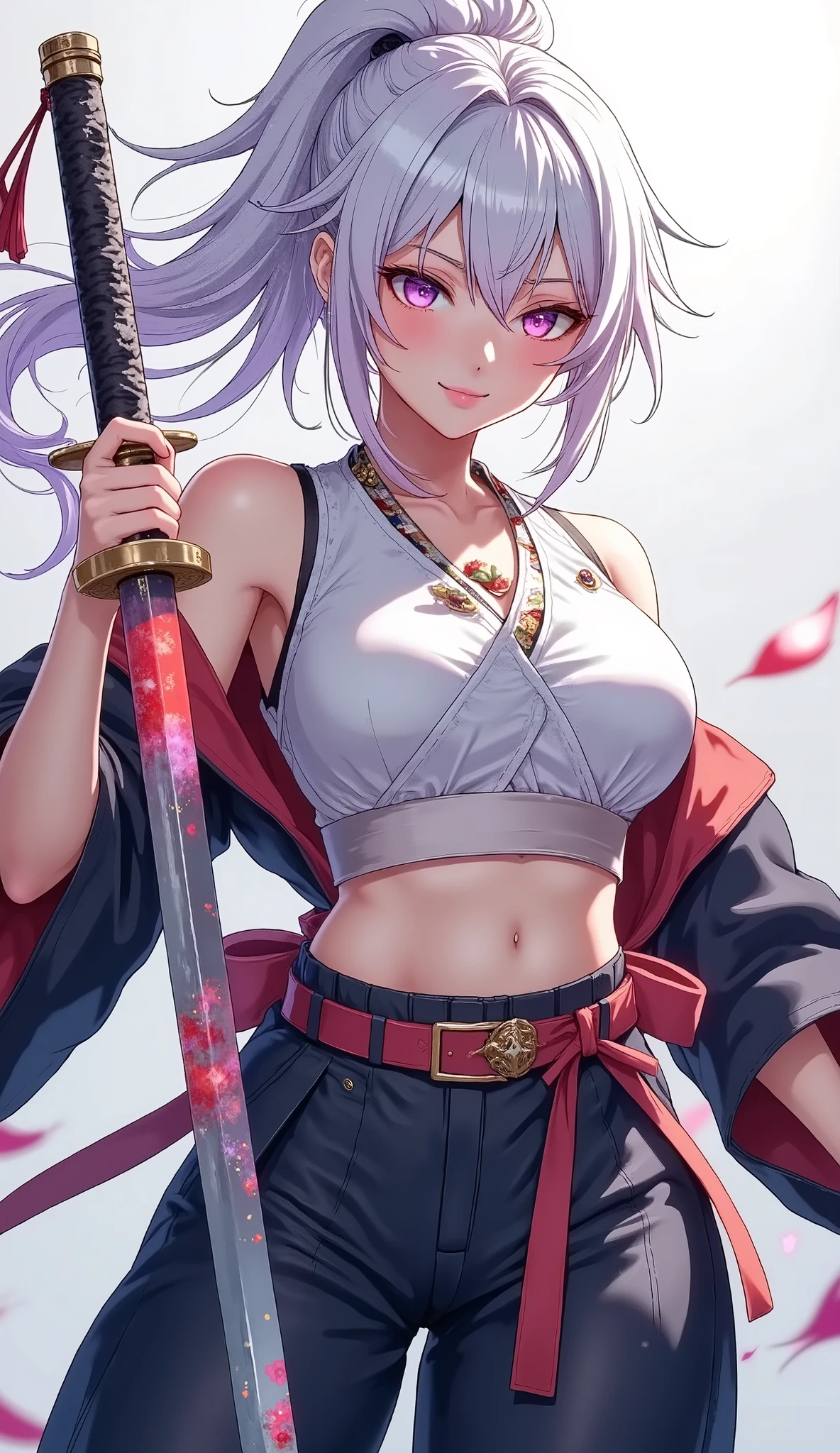 (Japanese style, watercolor), Full body composition, (Dutch angle, from below), ((Vertical slash, slash with katana, is a beautiful maid wearing a Japanese hakama, Character "Atlas"), alone, (slashing with samurai sword, dynamic, Sharp cutting edge, brilliant reflection of the tip), Dynamic pose,
(A thin bleached cotton sash is wrapped around the abdomen, The upper body is naked, Japanese traditional kimono, wears a hakama, Long ankle-length hakama)),
( name : Atlas, gender: woman, age: Age 32, blood type: B-type, Strongest : Maid, Special Skills : Swordsmanship,Standing martial arts, character: she is extremely cruel, She's a cold character, but、is kind hearted, She often has a smile on her face even when she's angry, she turns into a ruthless oni when she gets seriously angry),
slashing with the Japanese long katana, I stare at you with a sharp gaze,