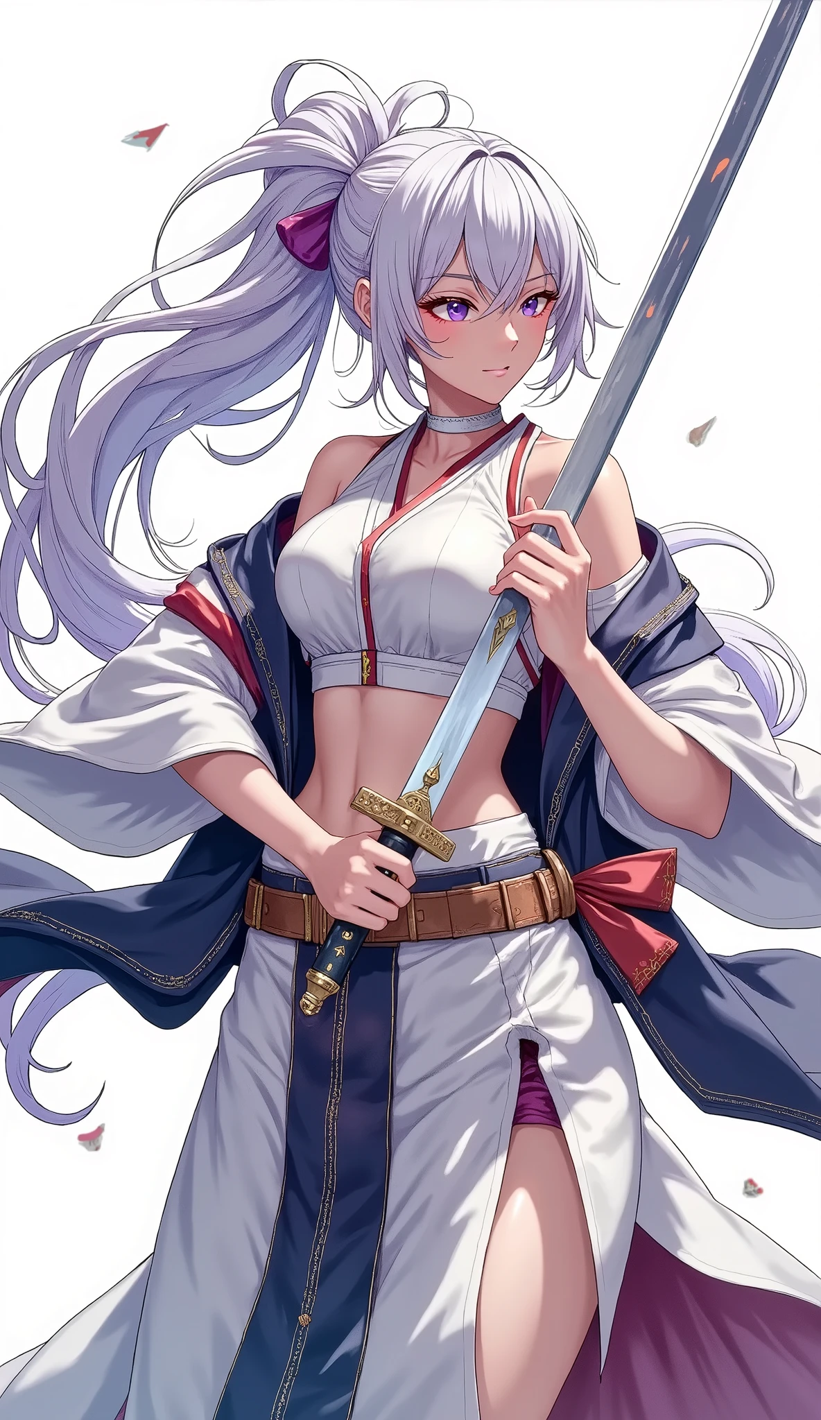 (Japanese style, watercolor), Full body composition, (Dutch angle, from below), ((is a beautiful maid wearing a Japanese hakama, Character "Atlas"), alone, (slashing with samurai sword, dynamic, Sharp cutting edge, brilliant reflection of the tip), Dynamic pose,
(A thin bleached cotton sash is wrapped around the abdomen, The upper body is naked, Japanese traditional kimono, wears a hakama, Long ankle-length hakama)),
( name : Atlas, gender: woman, age: Age 32, blood type: B-type, Strongest : Maid, Special Skills : Swordsmanship,Standing martial arts, character: she is extremely cruel, She's a cold character, but、is kind hearted, She often has a smile on her face even when she's angry, she turns into a ruthless oni when she gets seriously angry),
slashing with the Japanese long katana,