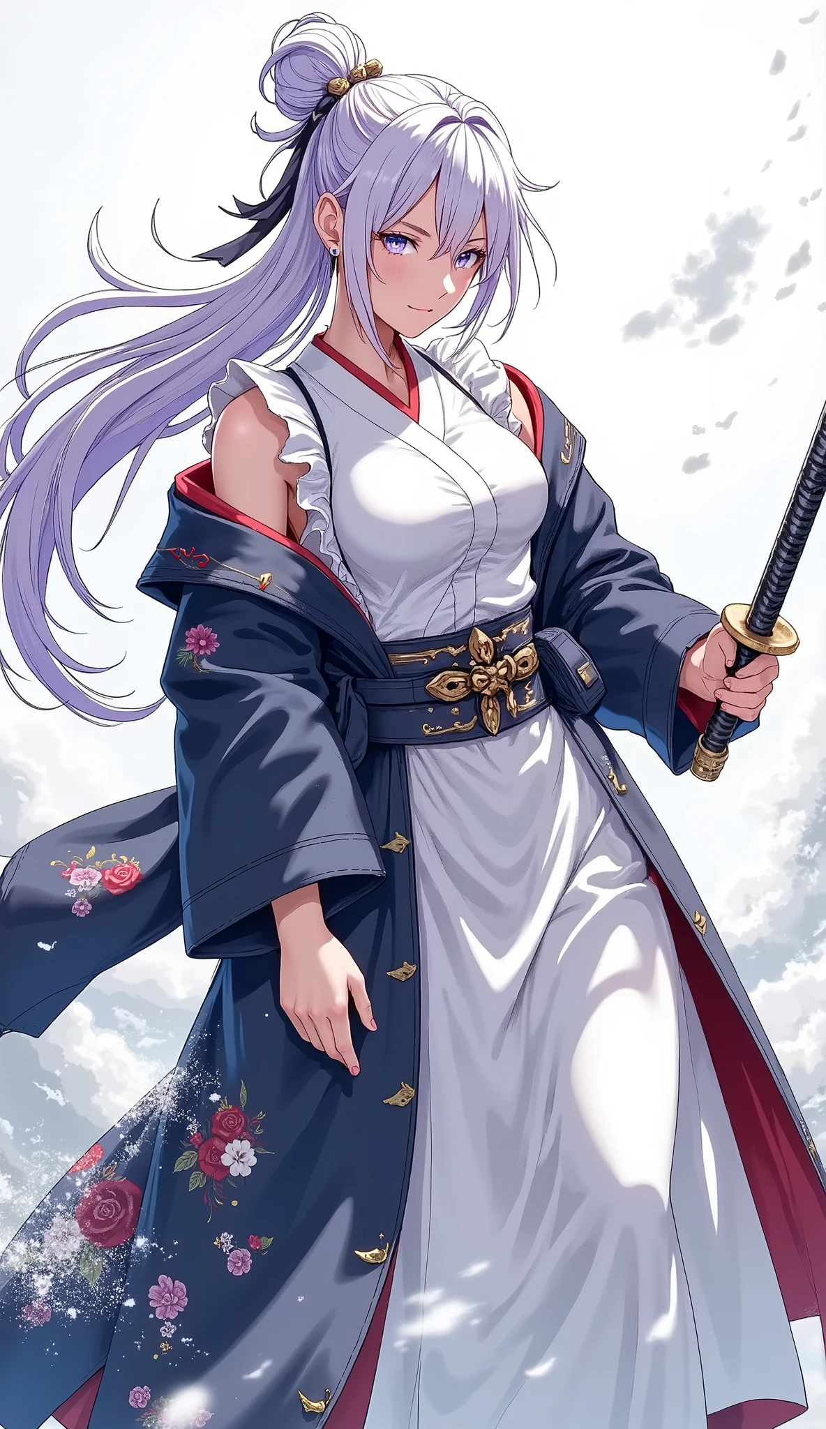 (Japanese style, watercolor), Full body composition, (Dutch angle, from below), ((is a beautiful maid wearing a Japanese hakama, Character "Atlas"), alone, (slashing with samurai sword, dynamic), Dynamic pose, Japanese traditional clothing, wears a hakama, Long ankle-length hakama),
( name : Atlas, gender: woman, age: Age 32, blood type: B-type, Strongest : Maid, Special Skills : Swordsmanship,Standing martial arts, character: she is extremely cruel, She's a cold character, but、is kind hearted, She often has a smile on her face even when she's angry, she turns into a ruthless oni when she gets seriously angry),
slashing with the Japanese long katana,