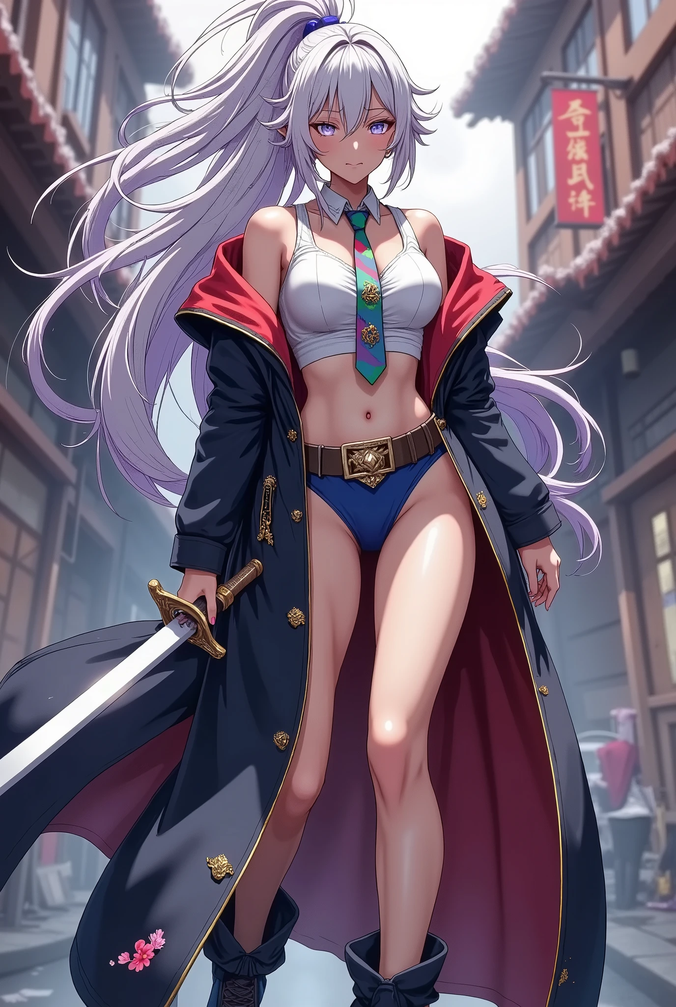 (character "ATLAS", Wearing samurai hakama, solo, Iai刀で斬る, Sword Drawing Technique, moment, Slash), Quick Dynamic Composition, hollywood style, ( name : ATLAS /ATLAS race:half human and half cruptic\ gender : Female/female special skill : Iai、swordplay favorite food : secret blood type : Type B personality : He is highly cruel. He has a cold personality, but is also kindhearted. He often has a smile on his face even when angry. When he is angry, he turns into a ruthless demon), multicolor dark tone, vivid colorful layer,