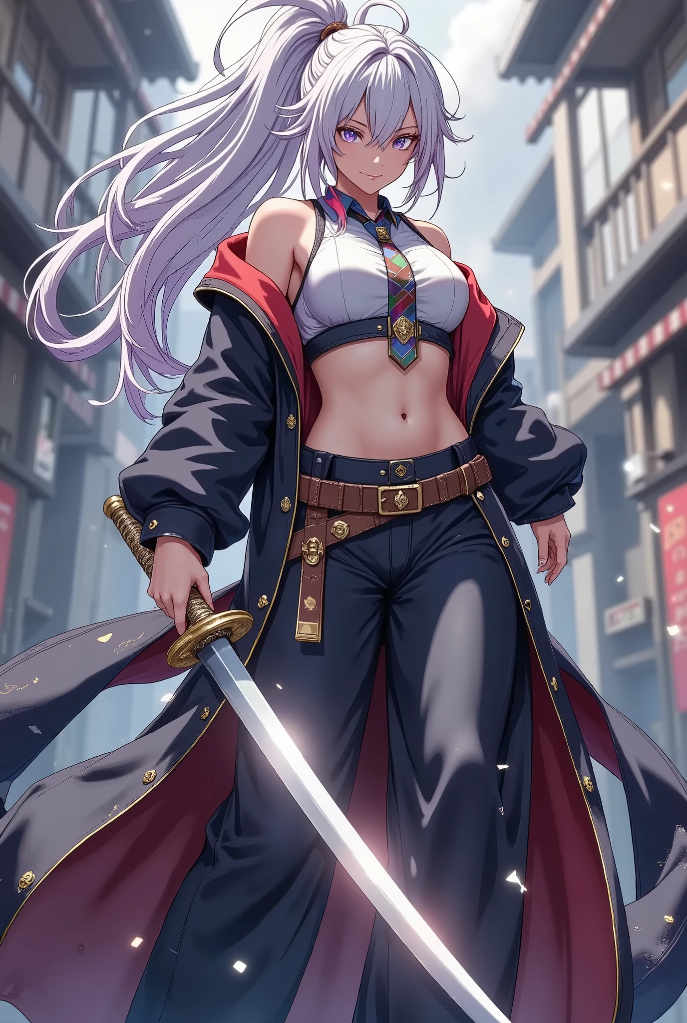 ((character "Atlas", Wearing samurai hakama), Full body composition, Alone, Hi刀で斬る, Sword Drawing Technique, moment, Slash), Quick Dynamic Composition, hollywood style, ( name : Atlas /Atlas race:half human and half cruptic\ gender : Female/female special skill : Hi、swordplay favorite food : secret blood type : Type B personality : He is highly cruel. He has a cold personality, but is also kindhearted. He often has a smile on his face even when angry. When he is angry, he turns into a ruthless demon), multicolor dark tone, vivid colorful layer,