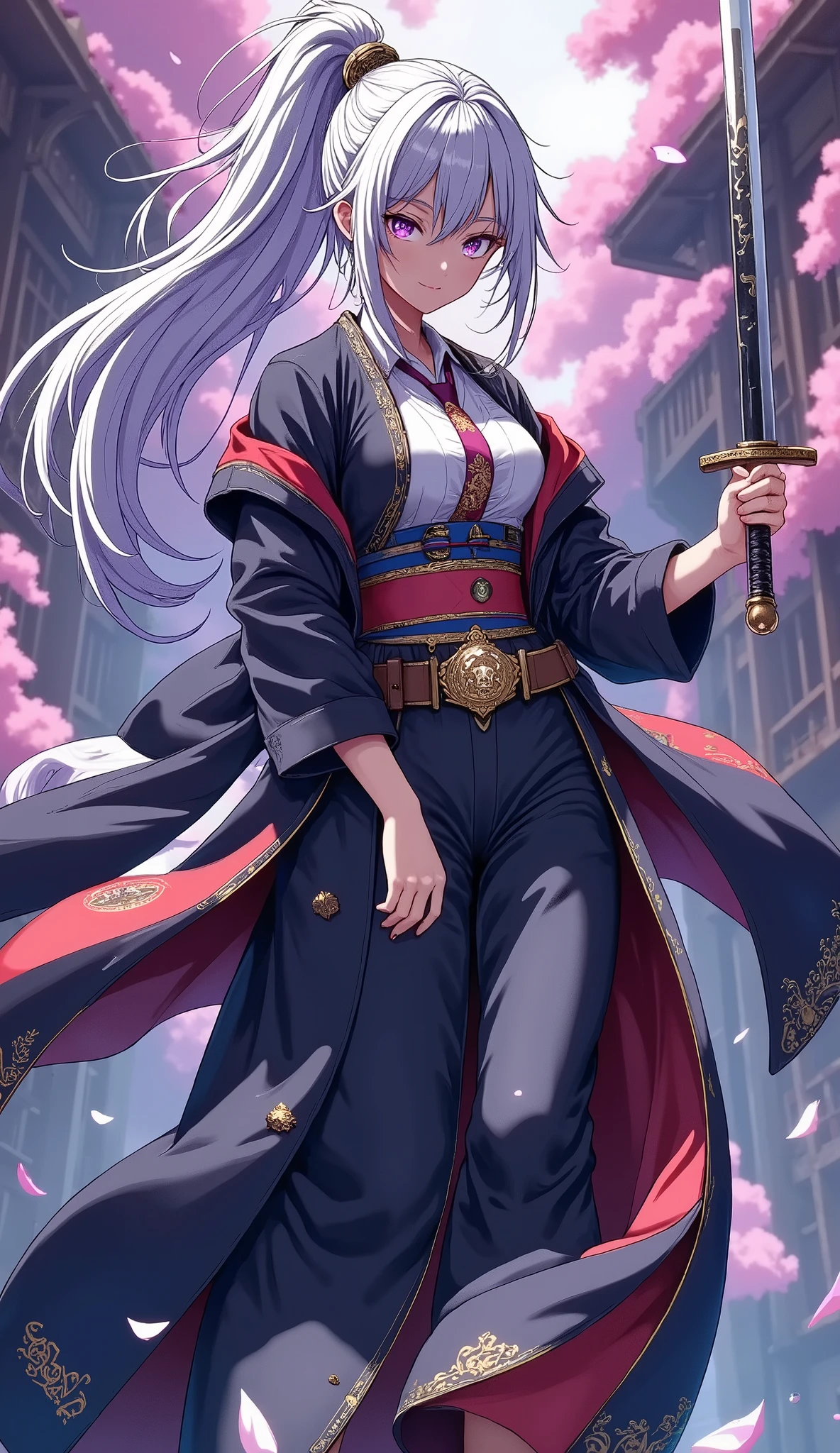 ((character "Atlas", Wearing samurai hakama, long length), Full body composition, dynamic, Alone, samurai sword slashing, moment, slash with the japanese long sword), Quick Dynamic Composition, japanese style, ( name : Atlas /Atlas race:half human and half cruptic\ gender : Female/female special skill : Hi、swordplay favorite food : secret blood type : Type B personality : He is highly cruel. He has a cold personality, but is also kindhearted. He often has a smile on his face even when angry. When he is angry, he turns into a ruthless demon), multicolor dark tone, vivid colorful layer,