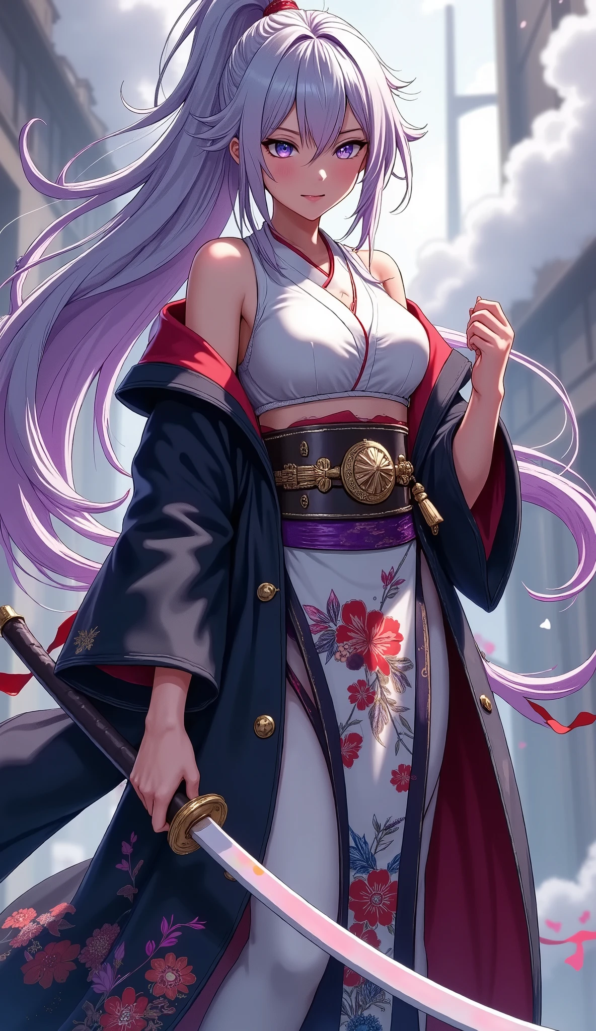 ((character "Atlas", Wearing samurai hakama, long length), Full body composition, dynamic, Alone, samurai sword slashing, moment, slash with the japanese long sword, adult woman, nice hand), Quick Dynamic Composition, japanese style, ( name : Atlas /Atlas race:half human and half cruptic\ gender : Female/female special skill : Hi、swordplay favorite food : secret blood type : Type B personality : she is highly cruel. she has a cold personality, but is also kindhearted. He often has a smile on his face even when angry. When he is angry, he turns into a ruthless demon), multicolor dark tone, vivid colorful layer, good hands,