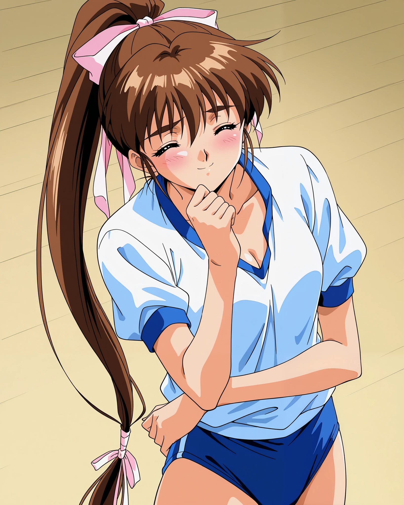 Alone, one girl, (cowboy shot), AMATSU _AI, brown hair, ponytail, very long hair, ribbon, hair ribbon, hair bow, bangs, close eyes, high ponytail, 1990s \(style\),anime coloring, small breasts, cleavage, (buruma), (shy:1.1), (blush), (smile), ( sexy pose), ( Sports), score_9, score_8_up , score_7_up , source_anime, best quality