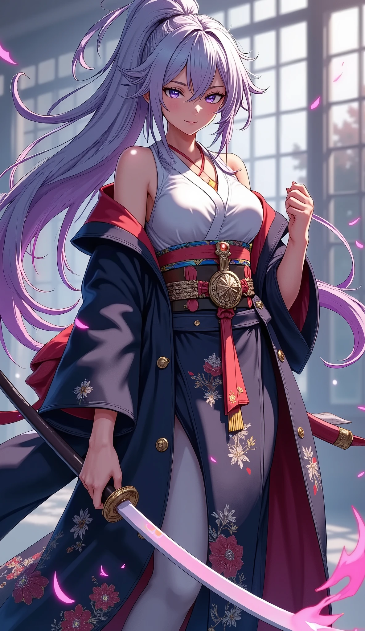 ((character "Atlas", Wearing samurai hakama, long length), Full body composition, dynamic, Alone, samurai sword slashing, moment, slash with the japanese long sword, adult woman, good hand), Quick Dynamic Composition, japanese style, ( name : Atlas /Atlas race:half human and half cruptic\ gender : Female/female special skill : Hi、swordplay favorite food : secret blood type : Type B personality : He is highly cruel. He has a cold personality, but is also kindhearted. He often has a smile on his face even when angry. When he is angry, he turns into a ruthless demon), multicolor dark tone, vivid colorful layer,
