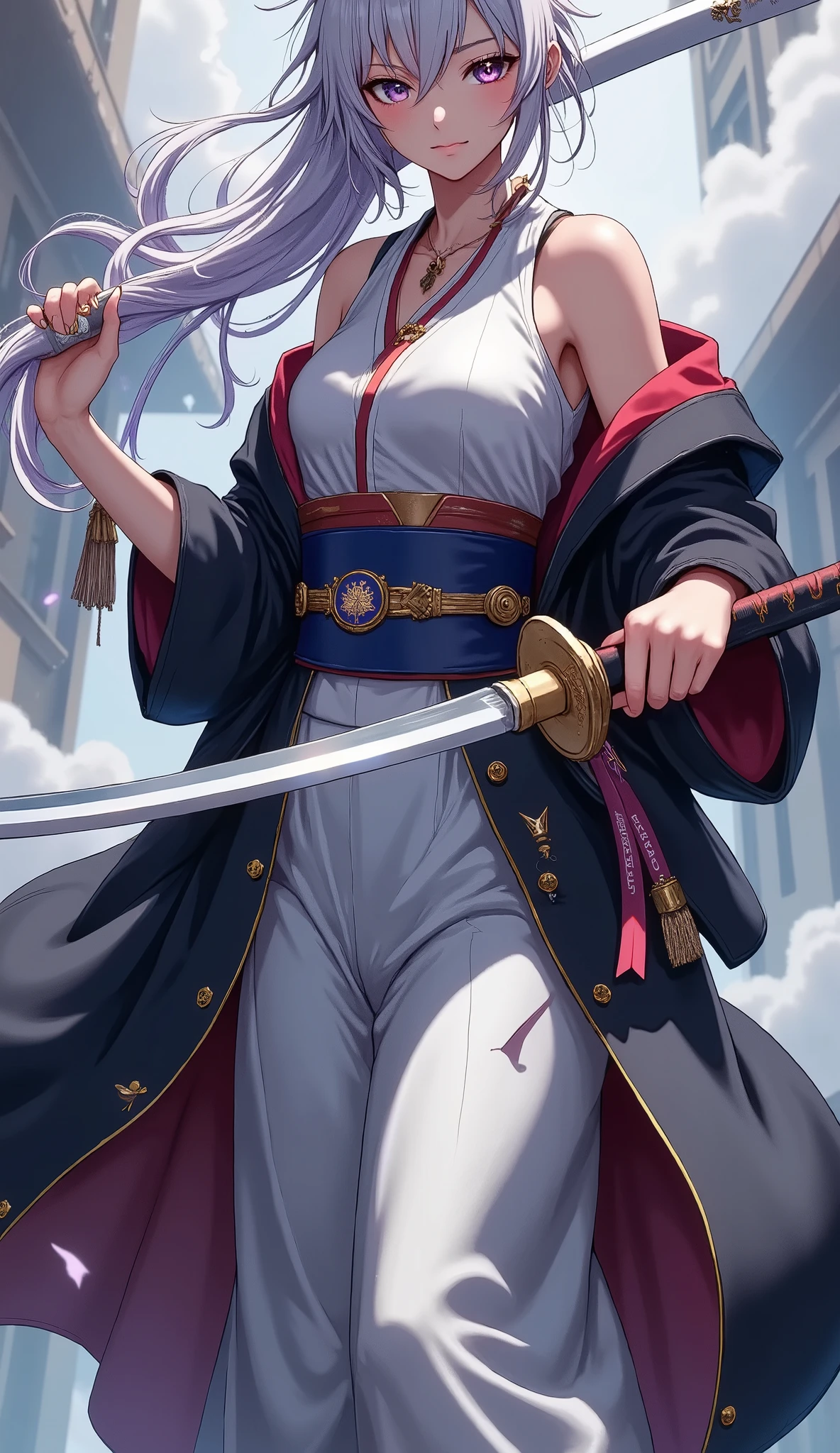 ((character "Atlas", Wearing samurai hakama, long length), Full body composition, dynamic, Alone, samurai sword slashing, moment, slash with the japanese long sword, adult woman, nice hand), Quick Dynamic Composition, japanese style, ( name : Atlas /Atlas race:half human and half cruptic\ gender : Female/female special skill : Hi、swordplay favorite food : secret blood type : Type B personality : she is highly cruel. she has a cold personality, but is also kindhearted. He often has a smile on his face even when angry. When he is angry, he turns into a ruthless demon), multicolor dark tone, vivid colorful layer, good hands,