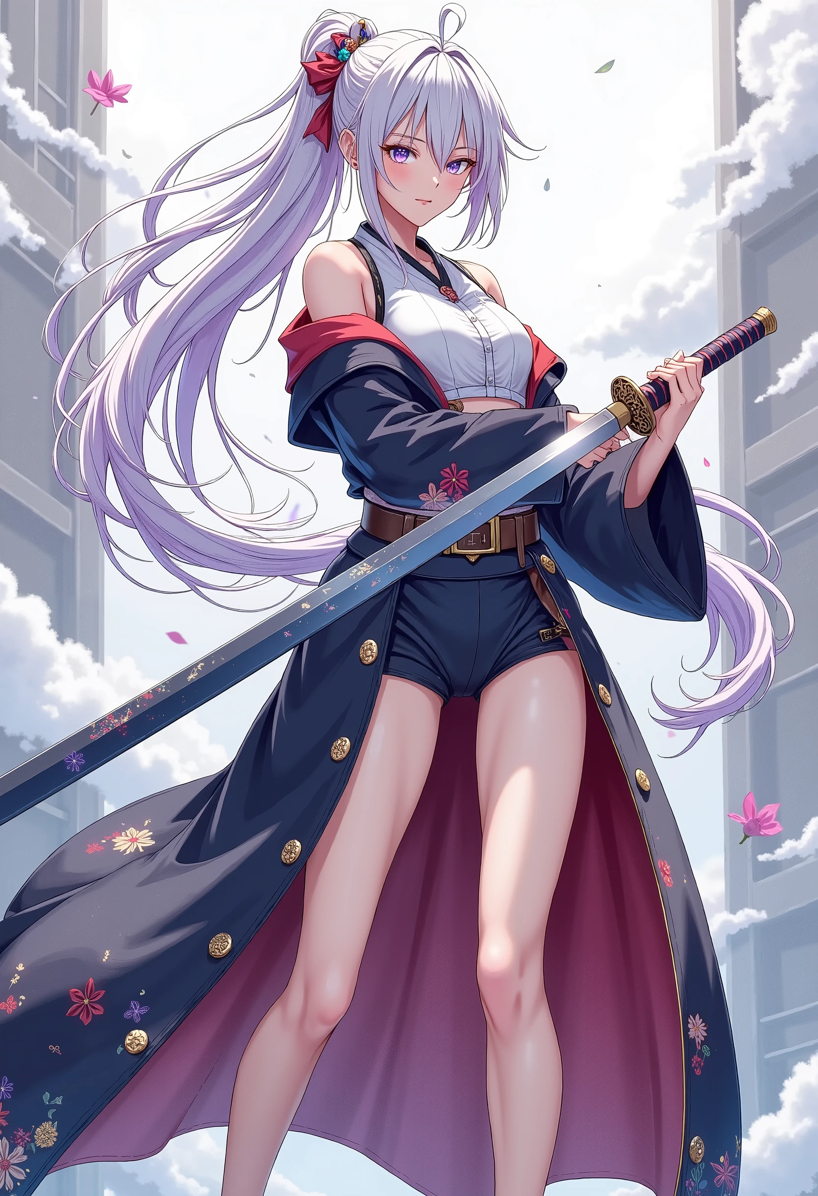 (Japanese style, watercolor), Full body composition, (Dutch angle, from below), (is a beautiful maid wearing a Japanese hakama, Character "Atlas"), alone, slashing with samurai sword, Japanese traditional clothing, wears a hakama,
( name : Atlas, gender: woman, age: Age 32, blood type: B-type, Strongest : Maid, Special Skills : Swordsmanship,Standing martial arts, character: she is extremely cruel, She's a cold character, but、is kind hearted, she often has a smile on her face even when she's angry, she turns into a ruthless oni when she gets seriously angry),
slashing with the Japanese long katana,