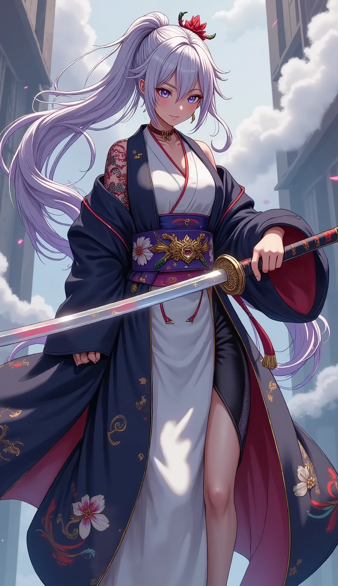 ((character "Atlas", Wearing samurai hakama, long length), Full body composition, dynamic, Alone, samurai sword slashing, moment, slash with the japanese long sword, adult woman), Quick Dynamic Composition, japanese style, ( name : Atlas /Atlas race:half human and half cruptic\ gender : Female/female special skill : Hi、swordplay favorite food : secret blood type : Type B personality : He is highly cruel. He has a cold personality, but is also kindhearted. He often has a smile on his face even when angry. When he is angry, he turns into a ruthless demon), multicolor dark tone, vivid colorful layer,