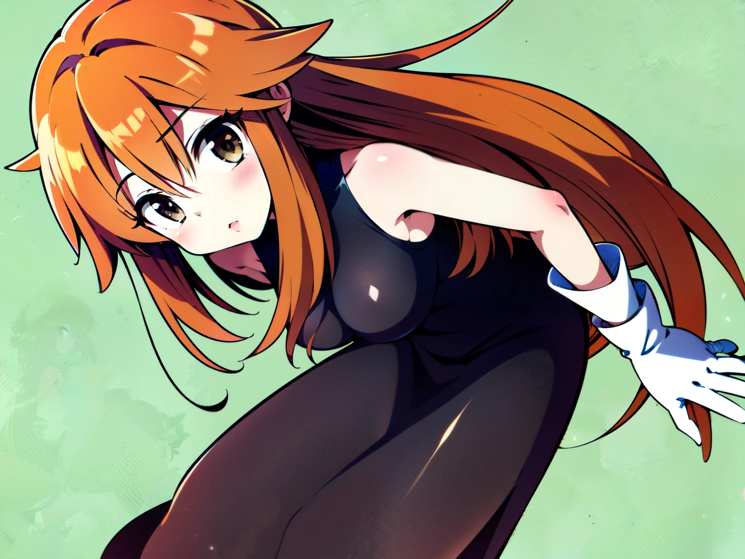 ( best quality)(Masterpiece)(pokemon leaf)SNFW,see-through(Plain、black sleeveless dress,1.3)girl full body shot,(White gloves:1.2),(girl, dark orange-bronze hair, long hair,hairs between eyes,swept bangs,hair,:1.2)(flipped long hair 先端:1.2)(big breasts)(black eyes)