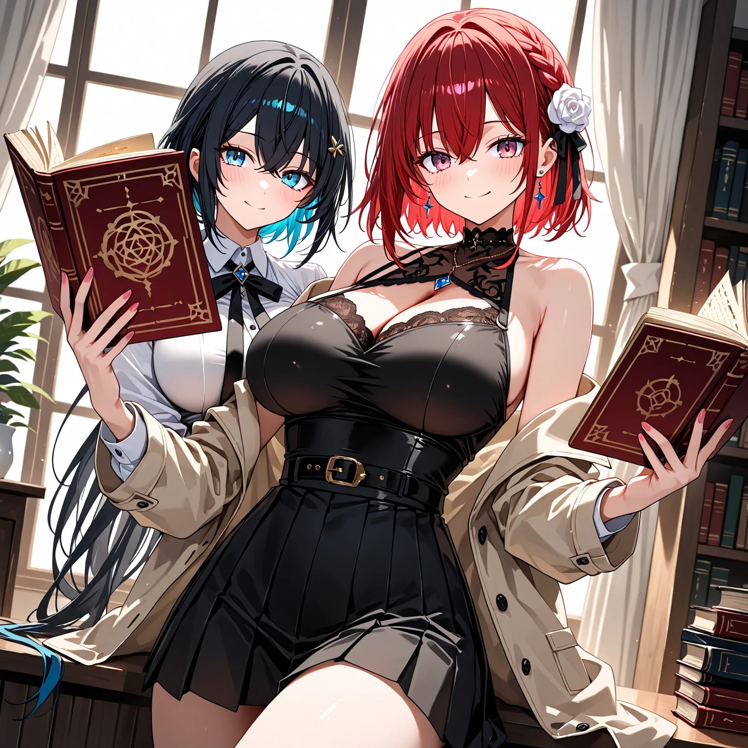 (masterpiece, best quality), best resolution, (2heads:1.5), 1girl, wizard, black hair, blue eyes, glasses, white wizard robe, scratching side of head, reading a book, wizard academy library, stain glass window in background