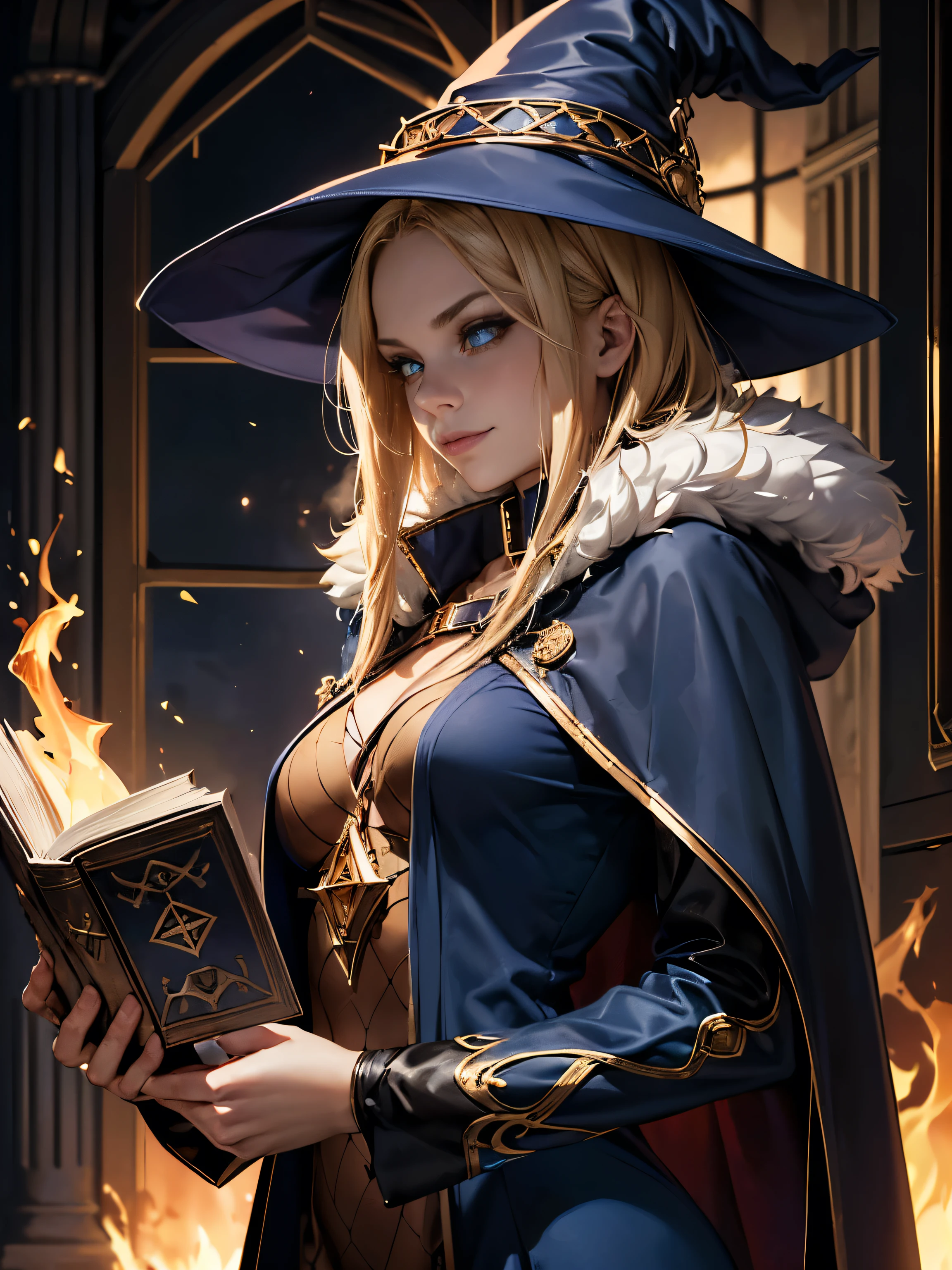 (Surrealism, retina, masterpiece, accurate, anatomically correct, super detail, best quality, 8k, extremely precise in every detail, beautiful detailed glow, beautiful attention to detail, beautiful detailed eyes:1.4), a girl is shooting a fire-ball magic, skinny body, (flat chest like a boy:1.4), long blonde hair, (wearing a navy-blue dress decorated with gold:1.2), (wearing a navy cloak with fur on the collar over the navy-blue dress:1.2), (holding a large burning book in her hand:1.5), (anatomically correct fingers, anatomically correct hands:1.5), Female Wizard of Chaos, Half Summoner, Alchemist Girl, Wizard like the Devil, Epic Magical Girl Character, JRPG characters art, Young Female Wizard, High definition official artwork, Female Wizard, Dark Witch, Beautiful Wizard, smiling, Dark Flame magician girl!!