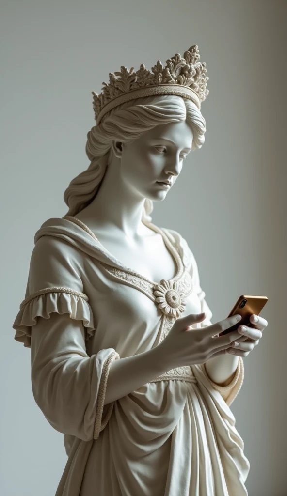Marble statue of a sitting girl looking at her phone inside a museum filled with paintings.