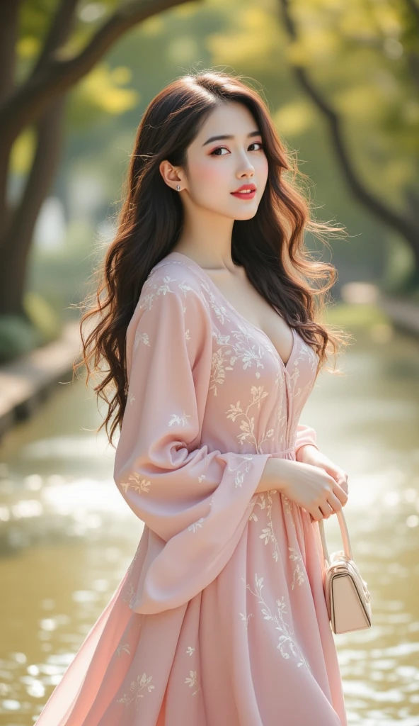 High-quality work,Realistic works,Super premium graphics,8K HD CG works,high quality graphics,High-definition and exquisite CG works,10x pixels,Ultra-fine details:1.1,Advanced technical details:1.1Realistic photo effects,Interior lighting effects:1.5,natural soft light:1.5. Light effect(Virtual light effects:1.8),Ultra-high resolution,shining dress,sliver long hair,silber hair,transparenthair,high detailed hair(Quality hair details:1.1)Clear eyes,Double eyelids look good,Sharp eye makeup, Create exquisite eyelash makeup, tthin eyebrows, Ultra-detailed eyes,a tall nose, lovely red lips, rosey cheeks, With delicate makeup on her face , pretty face, The face shape is perfectly proportioned,(Advanced facial details:1.1)1(Realisticity:1.4),Cinematic Lighting,1Girl,(standing,beautiful long_Slender_legs),(korean mixed,kpop idol:1.2),earrings,necklace,(long_brown_wavy_hair),pink_red_shiny_lips,eyelashes,make-up,shiny,Pore,skin texture,big breasts,smile, ((Watercolor floral print t-shirt with delicate and romantic blossoms in soft pastel shades,yoga pants)),((Incredible mountainous panorama, summer, Charming bridges, Rivers)),Dynamic pose,,Women's artwork,Dress full body video,Reality,Amazing Cleavage,My eyes are very bright today