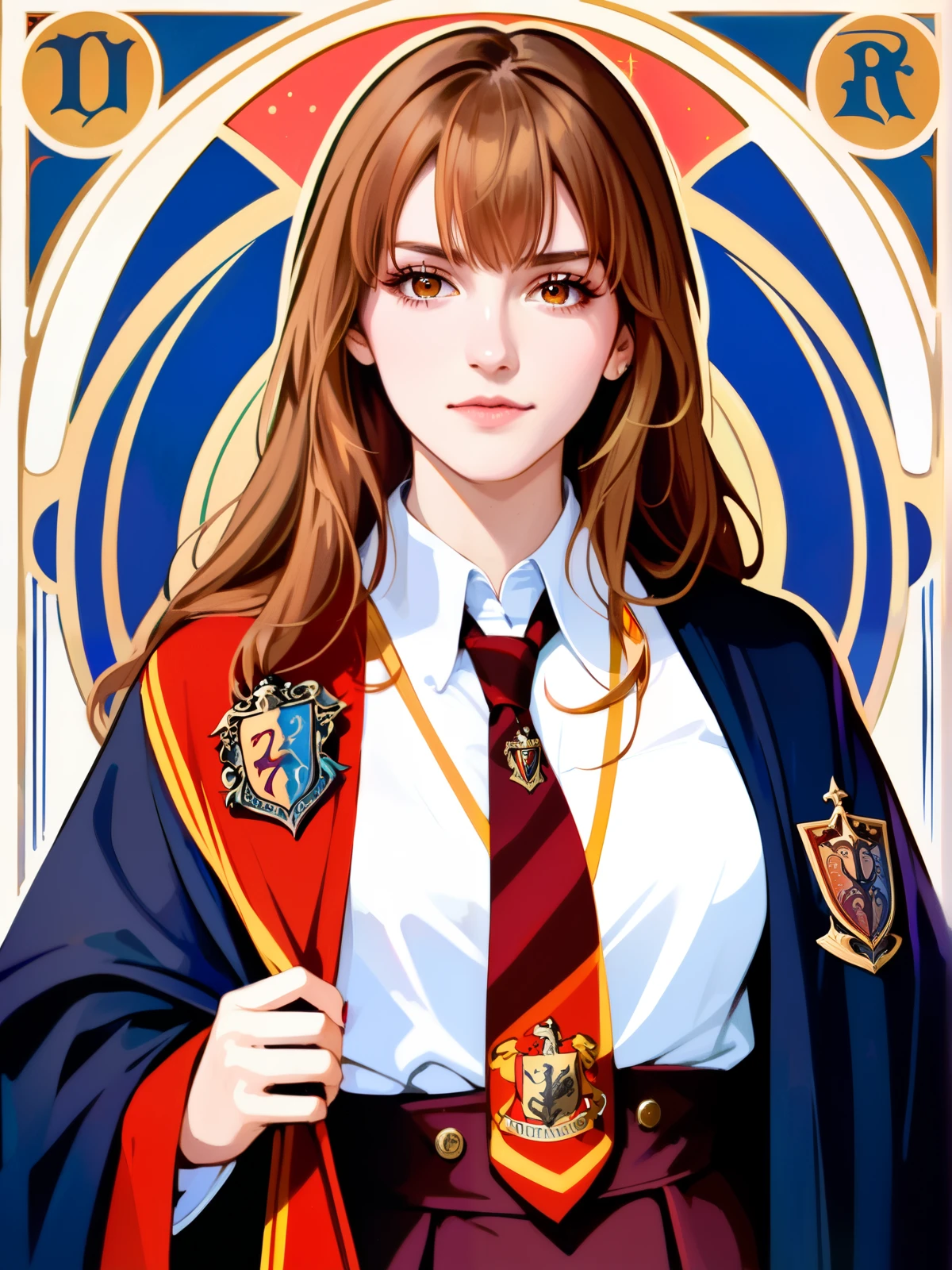 (absurdres, highres, ultra detailed), 1 Female, Brown hair, Brown eyes, Looking at the camera, Hermione Granger, Wearing a Hogwarts uniform, Black robe with Gryffindor emblem, White collared shirt, Tie in house colors, V-neck sweater, Wizard aesthetic, Regal yet casual, 'tarot', Symbolism, Visual art, Occult, Universal, Vision casting, Philosophical, Iconography, Numerology, Popularity, Artistic, Alfons Mucha, ethereal lighting