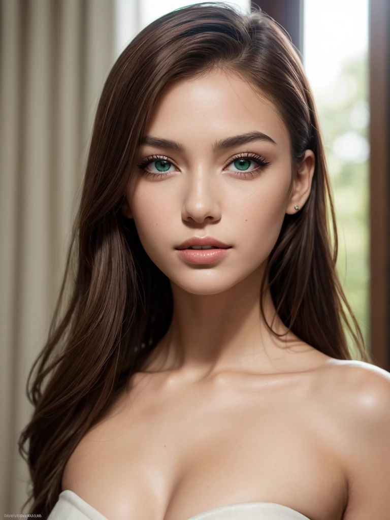 Portrait of a European woman standing in a poised pose, slightly leaning forward for a full-body portrait. She possesses a meticulous, attractive, and gentle face with an oval shape. Her seductive green eyes are slightly widened, enhancing her allure, and convey a gentle, slightly melancholic expression. Her long, straight hair is dyed in a vibrant green shade, elegantly framing her face in a frontal view. Despite a hint of sadness in her expression, she exudes a serene charm and remains irresistibly captivating, adorned in a seductive silk nightgown