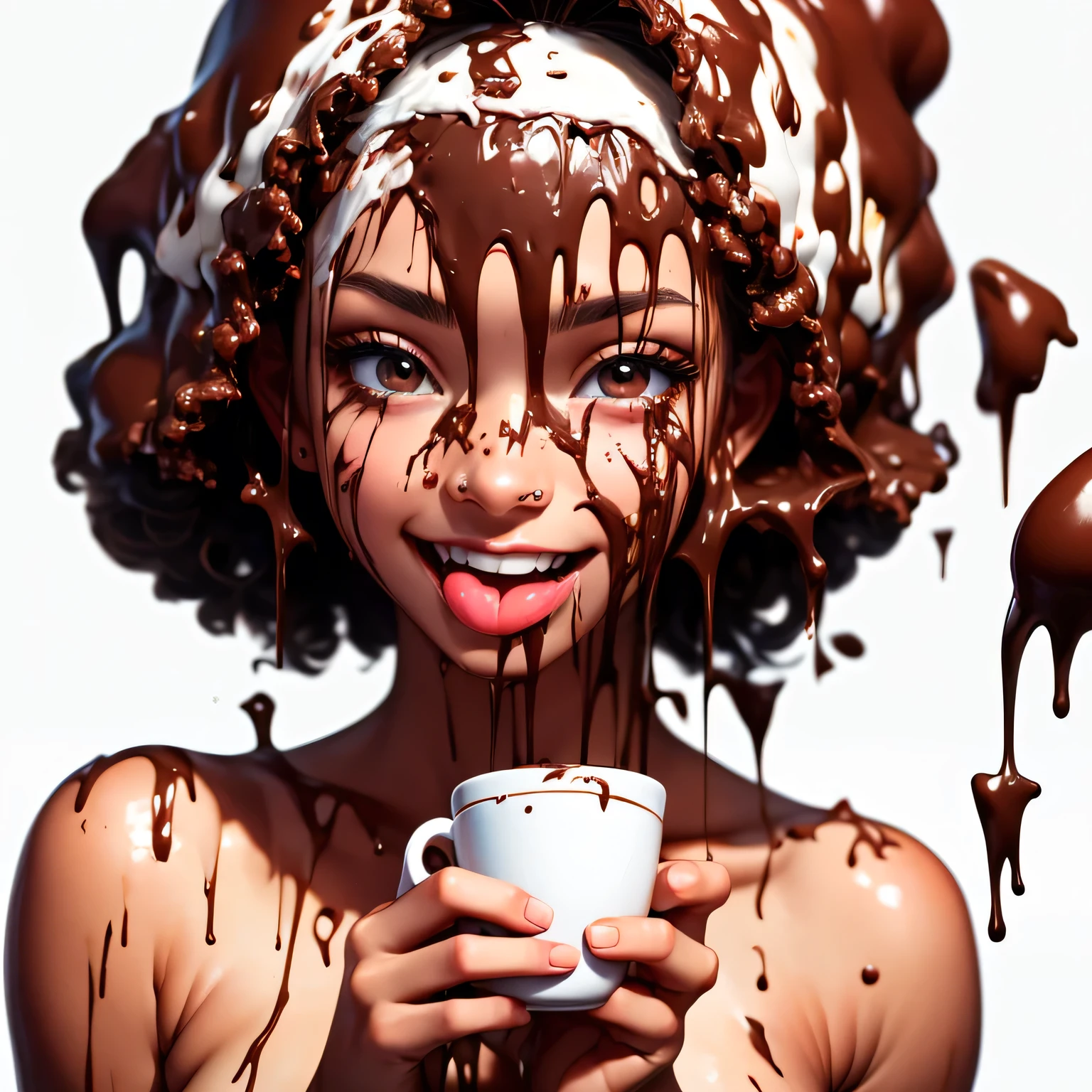 Photo. Beautiful black young mulatto girl . 23 years old  .   brunette , Afro Hairstyle  . brown eyes eyes . She's completely naked . Her face is covered in chocolate . She holds a cup of chocolate and licks her tongue . 