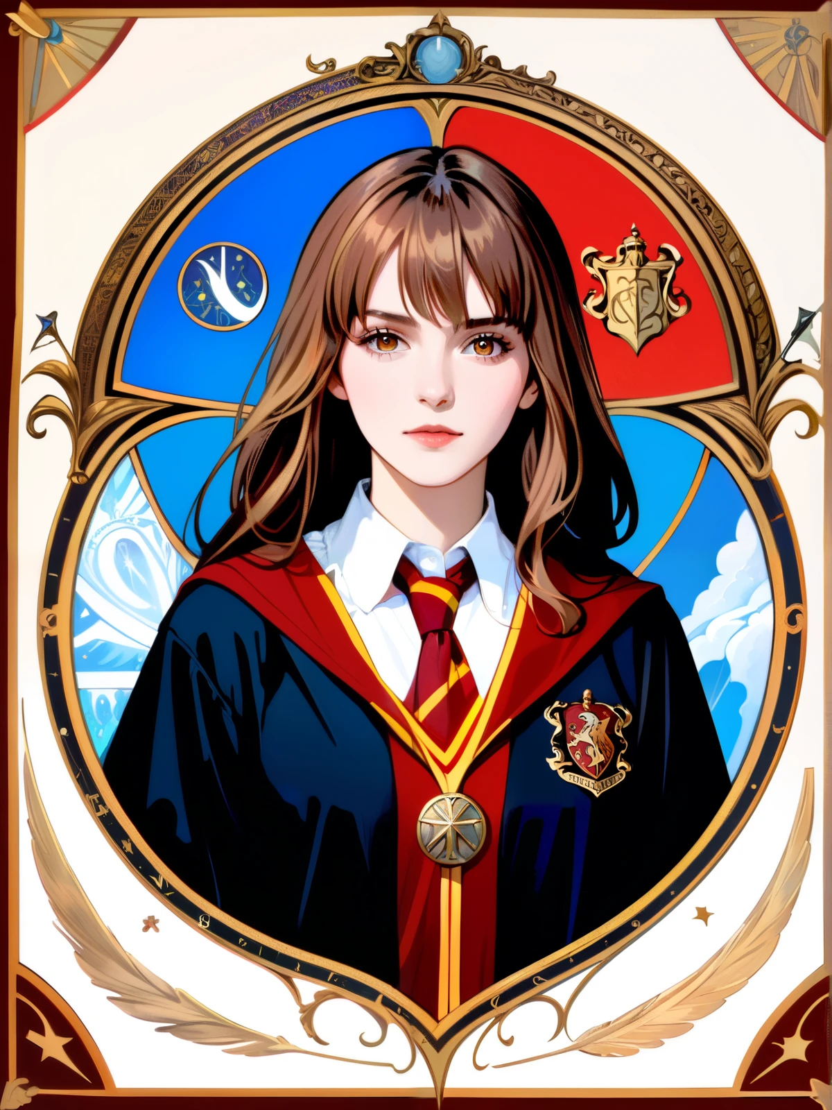 (absurdres, highres, ultra detailed), 1 Female, Brown hair, Brown eyes, Looking at the camera, Hermione Granger, Wearing a Hogwarts uniform, Black robe with Gryffindor emblem, White collared shirt, Tie in house colors, V-neck sweater, Wizard aesthetic, Regal yet casual, 'tarot', Symbolism, Visual art, Occult, Universal, Vision casting, Philosophical, Iconography, Numerology, Popularity, Artistic, Alfons Mucha, ethereal lighting