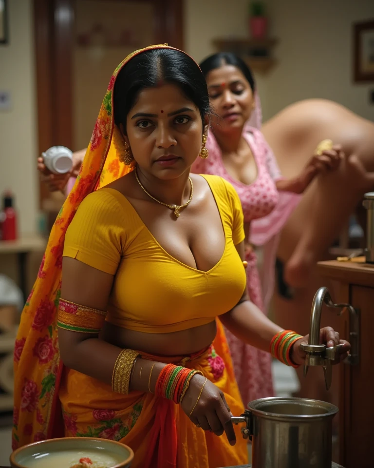 (Masterpiece),(8K),(High Quality),two Indian 70 years old grandmas,wearing red,blue sarees,breast taken out from saree,aged breast,saggy,Her own rapunzel-length 3c curly black hair,(resembled an gallons of oil-drenched helmet. Excess oil, thick as syrup, dripped like molasses),one grandma pissing on other grandmas hair,huge pee stream visible,huge pee stream on top of the other granma's hair,she is bathing with piss,raised the sarees,pee he exposed,looking at camara,while standing,breast exposed,tongue out,horney,asking for more pee,extrem pissing,