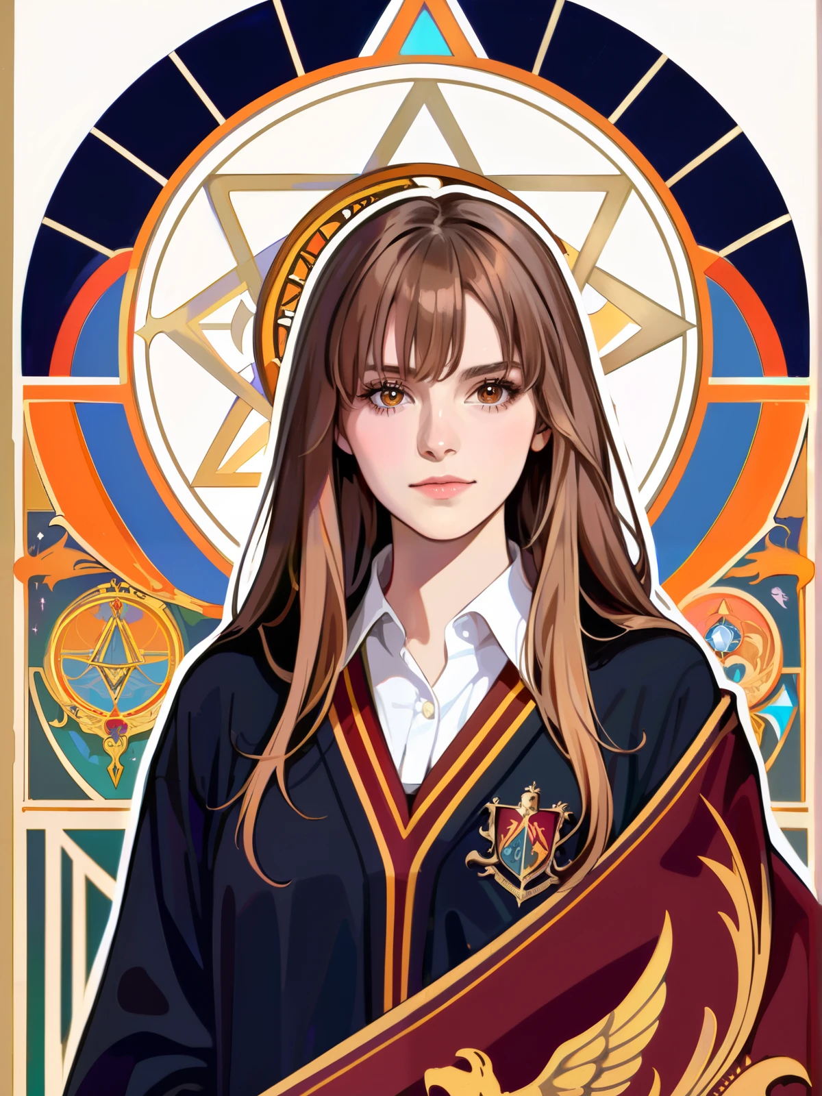 (absurdres, highres, ultra detailed), 1 Female, Brown hair, Brown eyes, Looking at the camera, Hermione Granger, Wearing a Hogwarts uniform, Black robe with Gryffindor emblem, White collared shirt, Tie in house colors, V-neck sweater, Wizard aesthetic, Regal yet casual, 'tarot', Symbolism, Visual art, Occult, Universal, Vision casting, Philosophical, Iconography, Numerology, Popularity, Artistic, Alfons Mucha, ethereal lighting