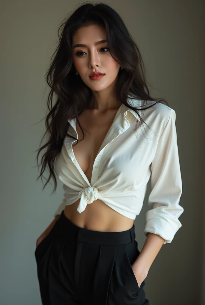 Asian girl with perfect body and a transparent white blouse where you can see her breasts above the navel, long sleeves and a sexy mini school skirt