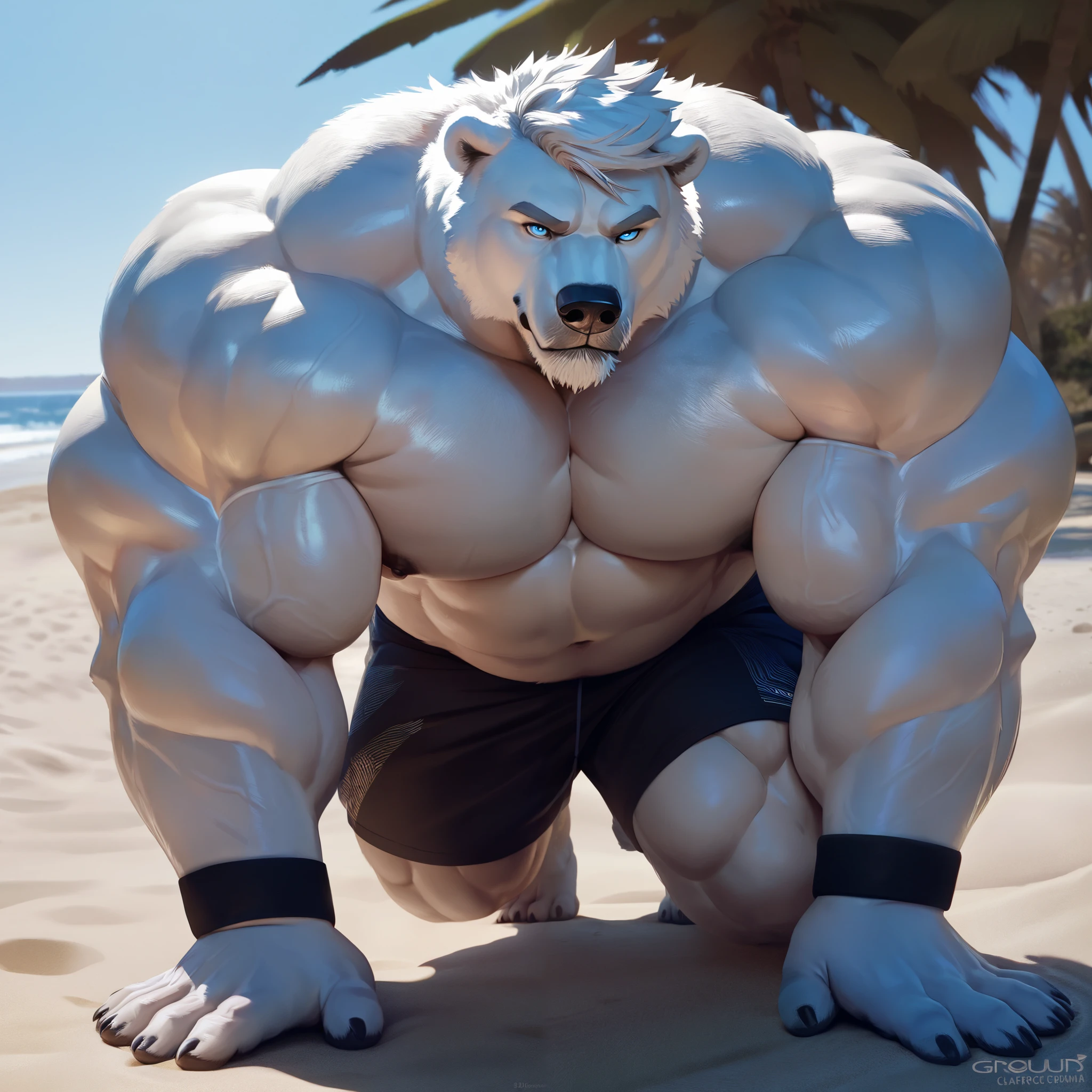 huge bulked up muscular polar bear in Californian beach, big grunting noise, big bulked up flexing body, polar bear, huge white fur, thick arm, huge arm, added gray mustache, added gray beard, short white hair, weight: 310lbs, (veiny bulked up muscular, pectoral, wide pectoral, thick bulky arms), realistic, 8k, masterpiece, detailed gray eyebrows, detailed blue eyes with blue pupils, (wearing black short trunks, wristbands, shirtless, topless, half naked and feet), doing 20 pushups 