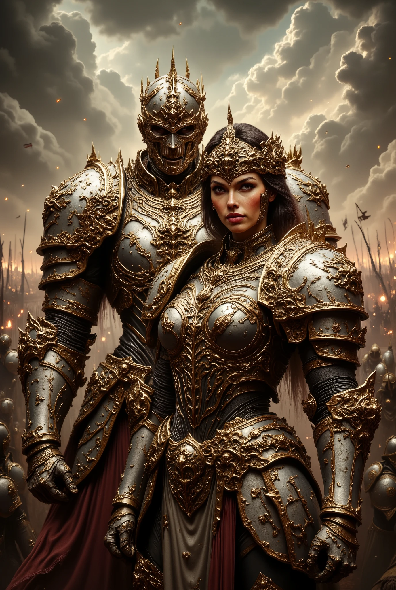 An epic historical movie poster featuring two main characters, a man and a woman, dressed in exquisite ancient Greek golden armor and weapons. The male character, who is probably in his 30s, is white, has a bright and determined face, and shows a fierce and aggressive pose, holding his weapon close to his opponent's neck. The female character, who is probably in her 30s, is white, and has strong and confident body language. Her facial expression is intense, showing her fighting spirit. Both characters are muscular. Their intricately patterned and golden armor is highlighted by gold decorations and detailed textures. The dramatic lighting emphasizes the clash and contrast of the golden armor against the backdrop of an ancient battle scene. A historical, epic and war movie poster. A vast landscape background shows a major naval battle with many ships and soldiers. The color scheme is gold, with light browns and grays. The perspective is wide and slightly tilted, capturing the scale and drama of the historical period. The overall atmosphere is intense and dramatic, reminiscent of historical war scenes, classic Hollywood style and historical drama style. IMG_2025.HEIC