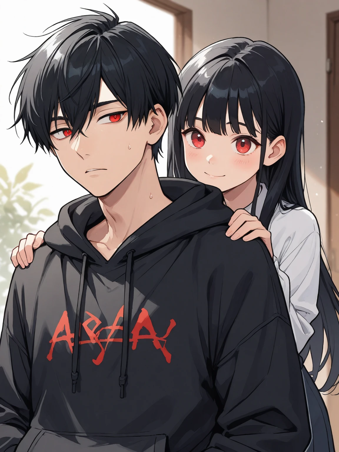 (A man and a woman hug as they sit on the couch in the living room),(Man1,30 years old,black hair,red eyes,black t-shirt,happy,smile),(Woman1,30 years old,long black hair,red eyes,crying,white blouse),retina,masterpiece,ccurate,anatomical correct, textured skin,super detail,high quality,high details,best quality,highres,UHD,1080P