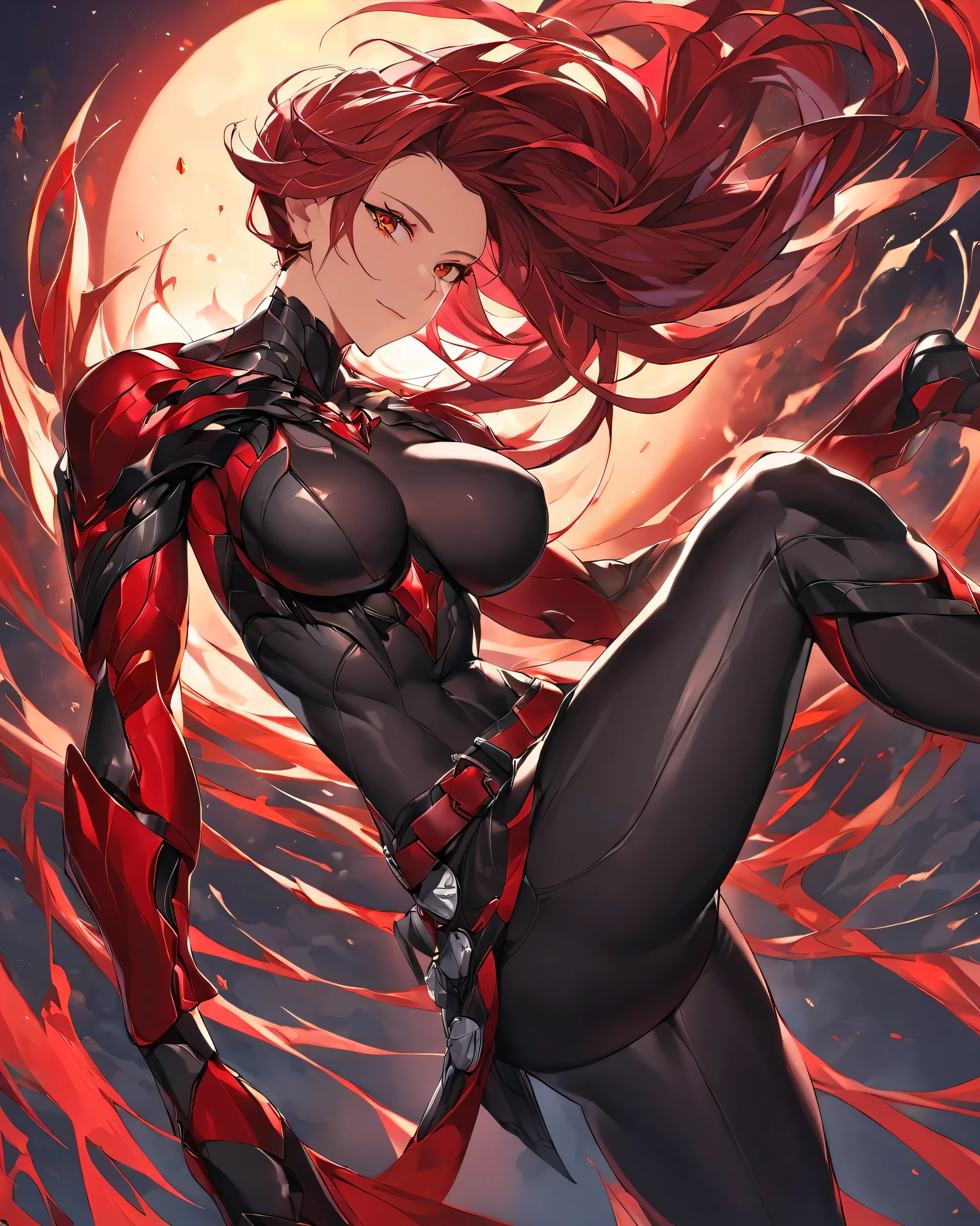 Hair:
Vera’s hair is a striking shade of deep crimson, reminiscent of freshly spilled blood under the glow of a setting sun. It is long, cascading down to her lower back in thick, unruly waves, with a natural volume that gives it a wild and untamed appearance. Despite its roughness, her hair has a silky sheen, reflecting light in a way that makes each strand appear as if it carries an inner fire. A few shorter strands frame her sharp features, occasionally falling over her fierce, golden eyes.

Eyes & Facial Features:
Her eyes are a piercing gold, glowing with an almost predatory intensity, like molten metal forged in the heart of a furnace. They hold an unshakable determination, rarely betraying hesitation or doubt. Her face is angular and sharp, with high cheekbones, a strong jawline, and a slightly upturned nose, giving her a look of both beauty and ferocity. A thin, barely noticeable scar runs along her left cheek, a remnant of past battles.

Body & Physique:
Vera’s body is athletic and well-defined, sculpted by years of rigorous training and survival in a harsh world. Her arms and legs are toned, with visible muscle definition that does not take away from her femininity but rather enhances her warrior-like presence. Her movements are quick, precise, and efficient, every step calculated yet carrying an innate aggression.

Clothing & Accessories:
She wears a sleeveless black combat bodysuit made of a durable yet flexible material, allowing for unrestricted movement. Over it, she dons dark red segmented armor on her shoulders and forearms, scratched and dented from countless battles. A utility belt hangs at her waist, carrying various small weapons and tools. A long, tattered cloak—black on the outside and lined with deep red on the inside—flows behind her, shifting with her movements. Her boots are reinforced with steel plating, allowing her to deliver devastating kicks when necessary.

Pose & Background:
Vera stands with her legs firmly planted, one hand grippin